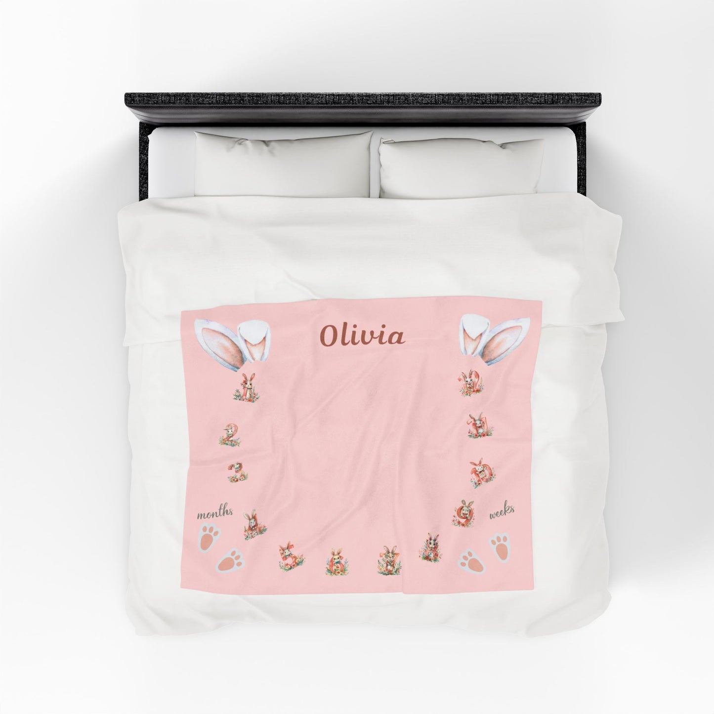 Personalized Bunny Milestone Baby Girl Blanket, Soft Velveteen Plush Fleece
