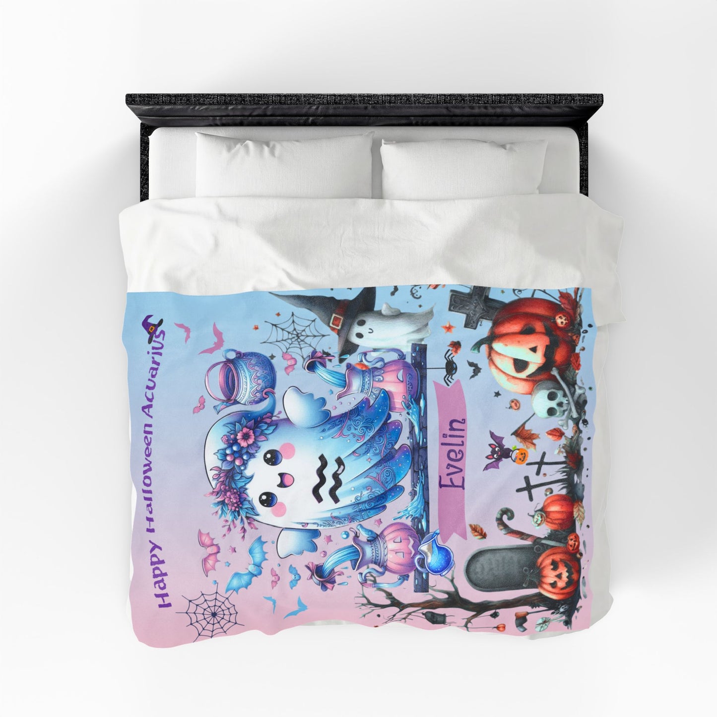 Personalized Aquarius Halloween Blanket for Girls, Custom Name Zodiac Toddler Halloween Throw