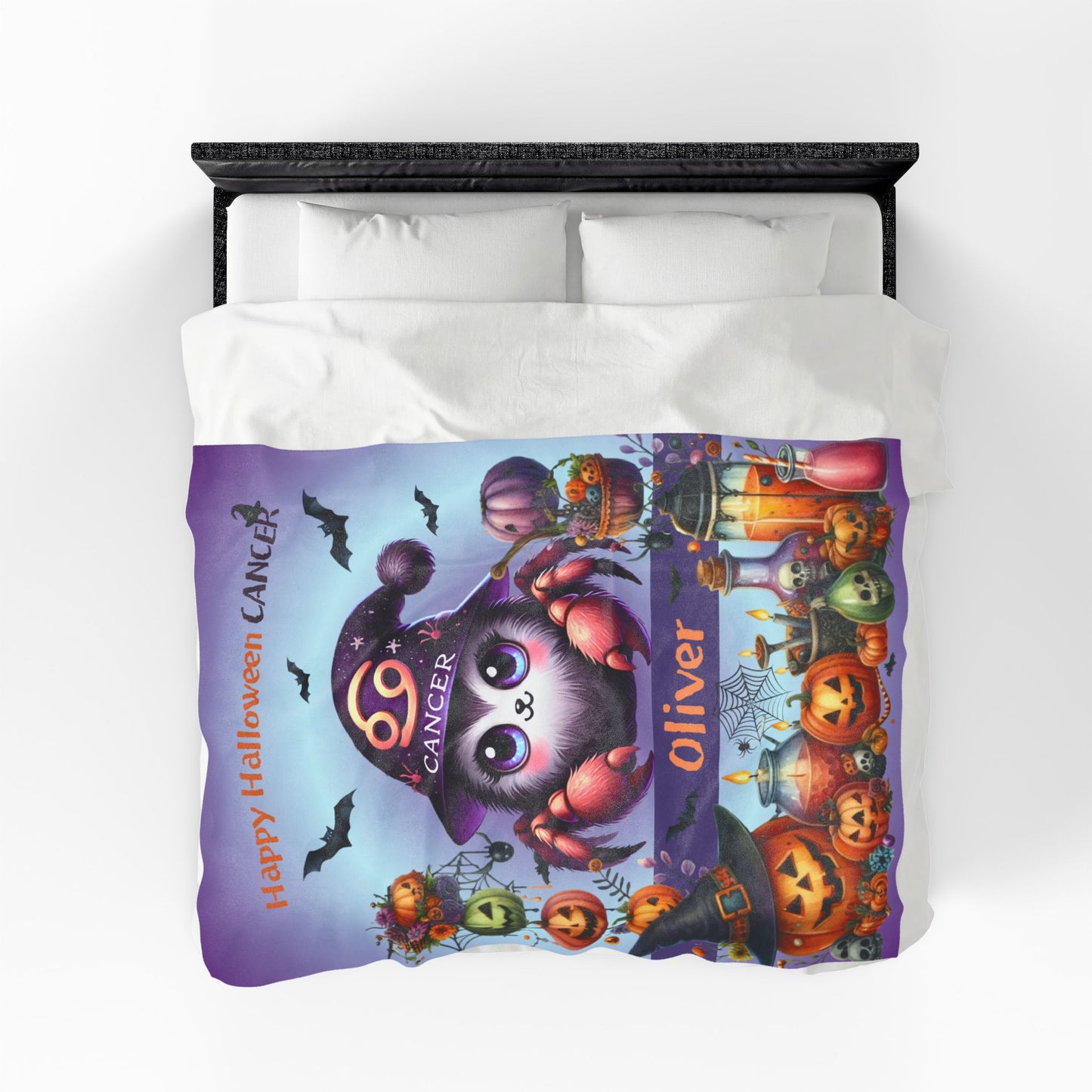 Personalized Cancer Halloween Toddler Boy Blanket. Custom name zodiac Gift.