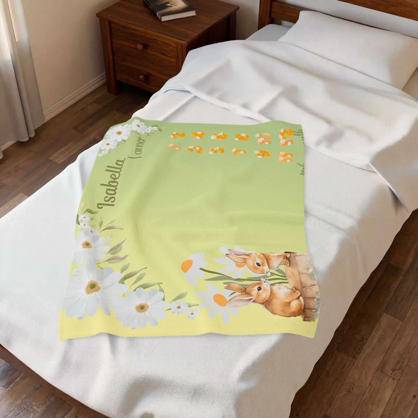 Personalized Daisy Bunny Milestone Baby Blanket, Soft Velveteen Plush Fleece