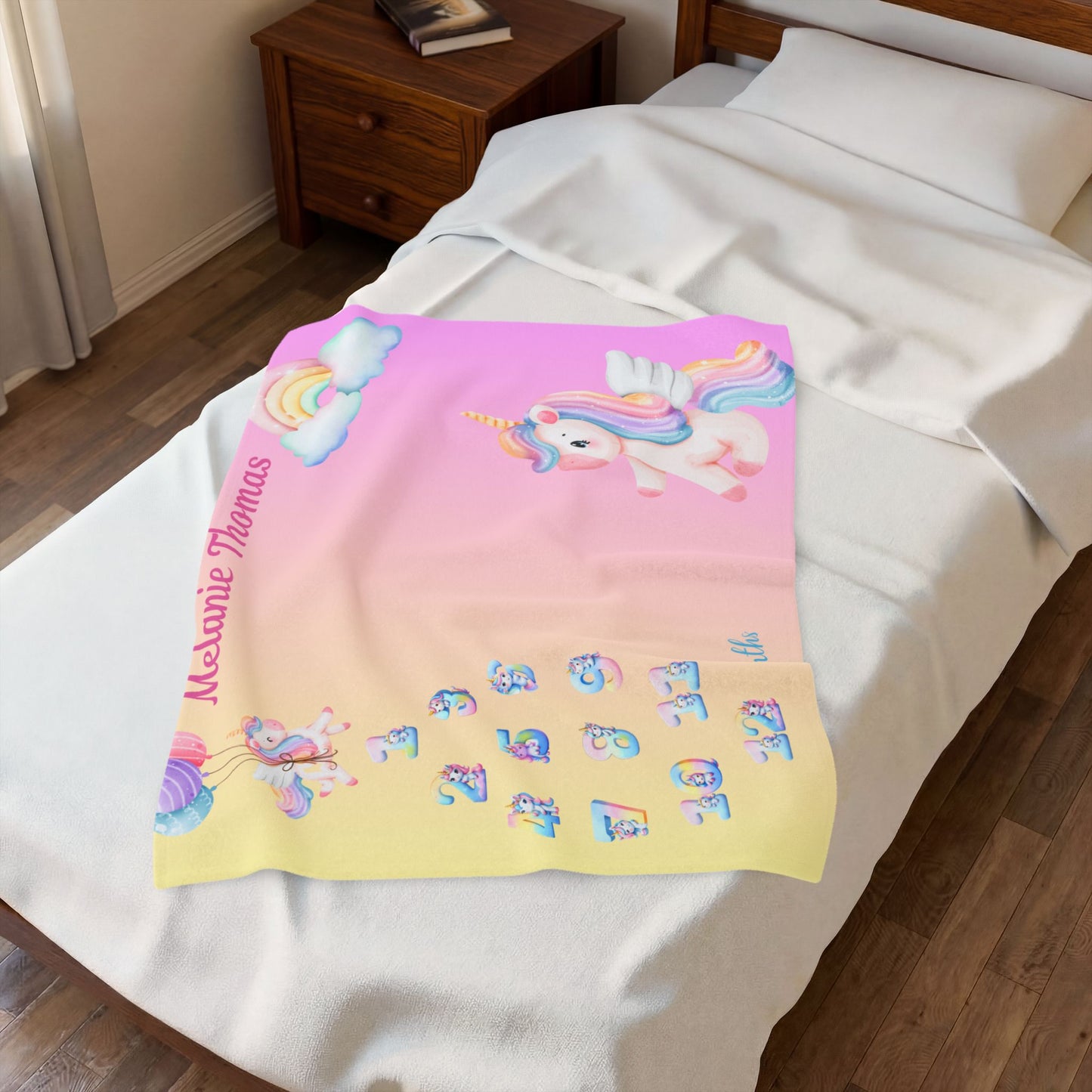 Personalized Unicorn Milestone Baby Girl Blanket, Soft Velveteen Plush Fleece