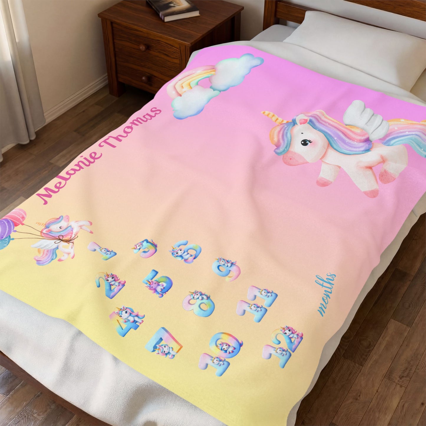Personalized Unicorn Milestone Baby Girl Blanket, Soft Velveteen Plush Fleece