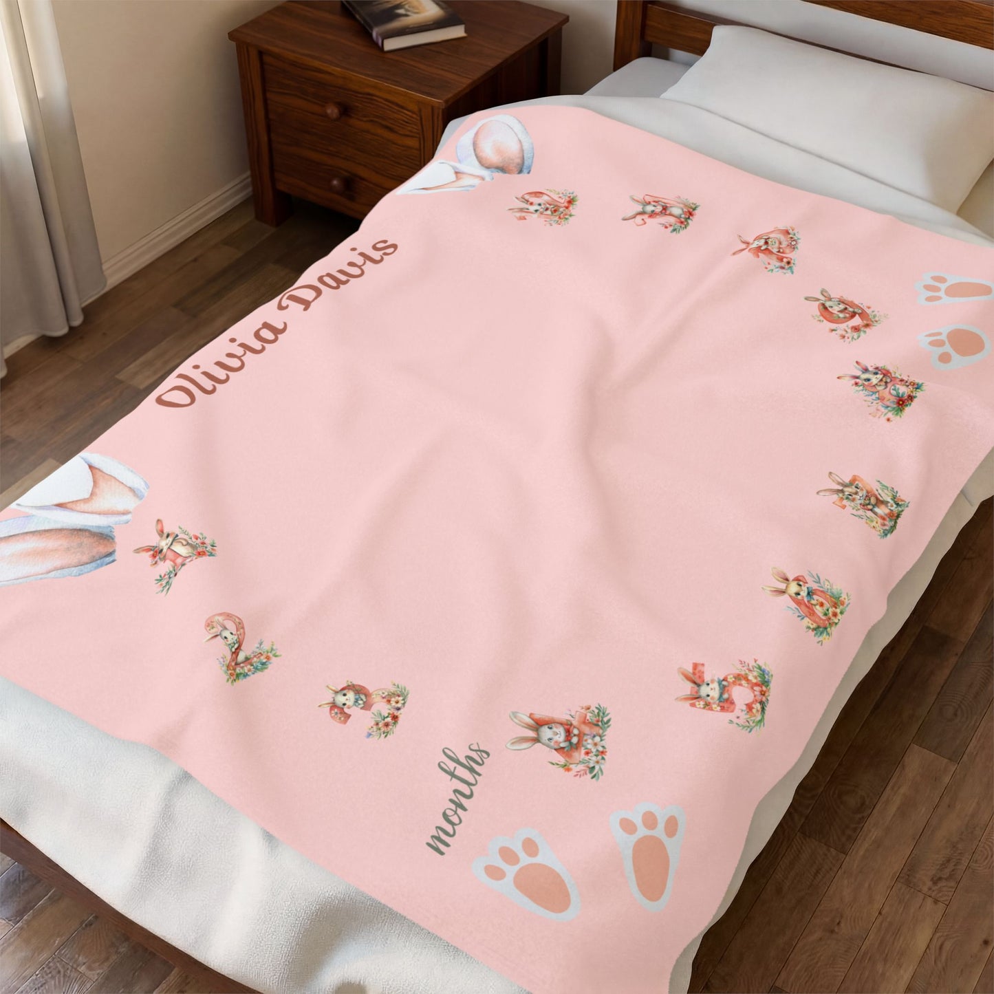 Personalized Bunny Milestone Baby Girl Blanket, Soft Velveteen Plush Fleece