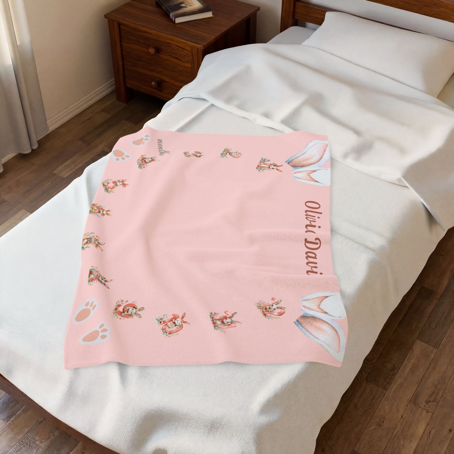 Personalized Bunny Milestone Baby Girl Blanket, Soft Velveteen Plush Fleece