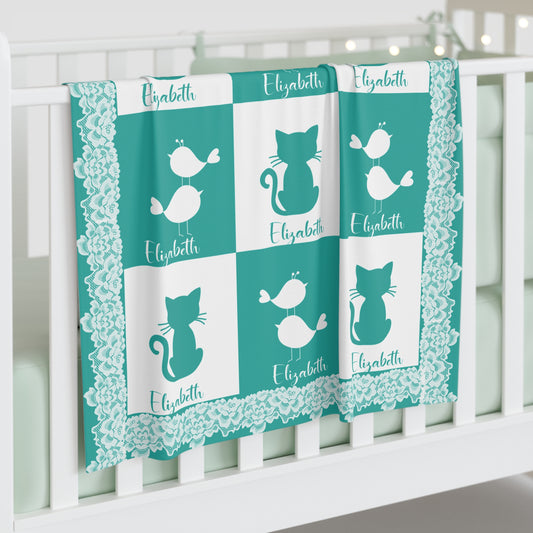 Personalized Baby Fleece Blanket | Custom Name Cat & Bird Blanket |