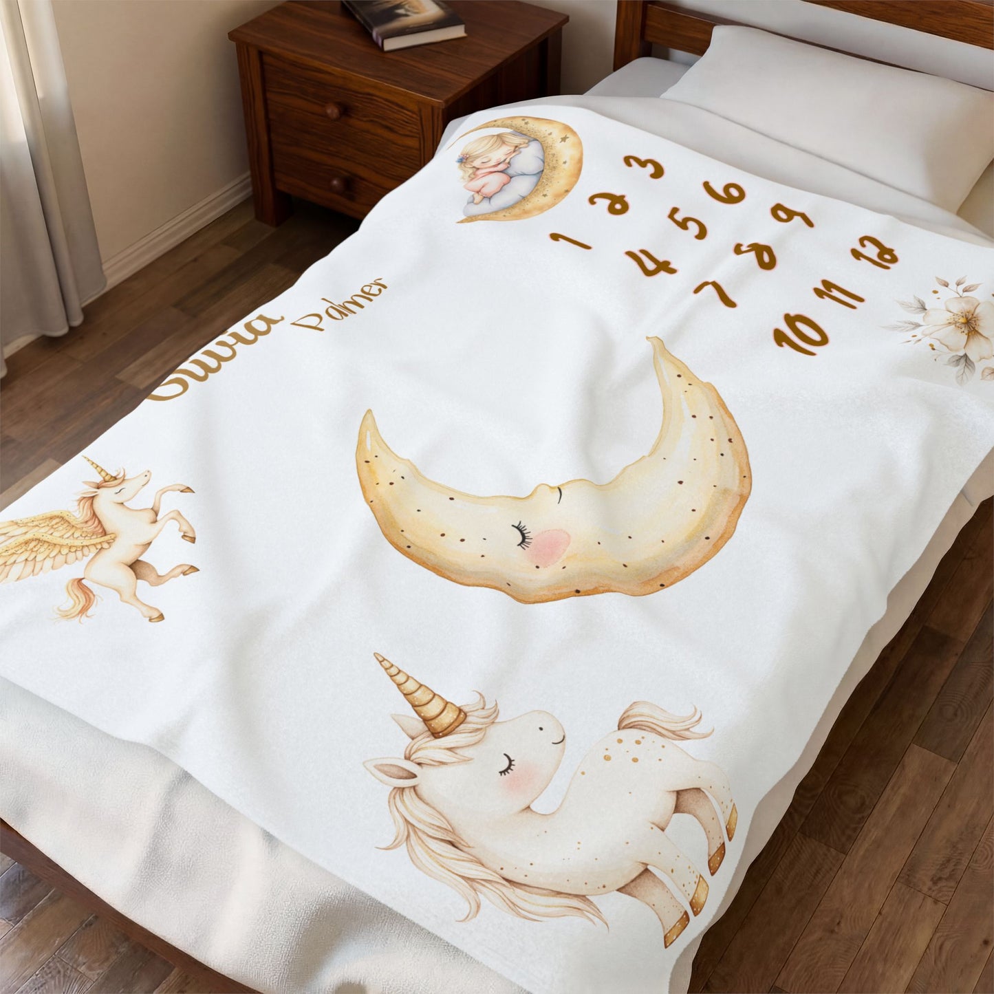 Personalized Unicorn and Moon Baby Girl Milestone Blanket, Velveteen Plush,