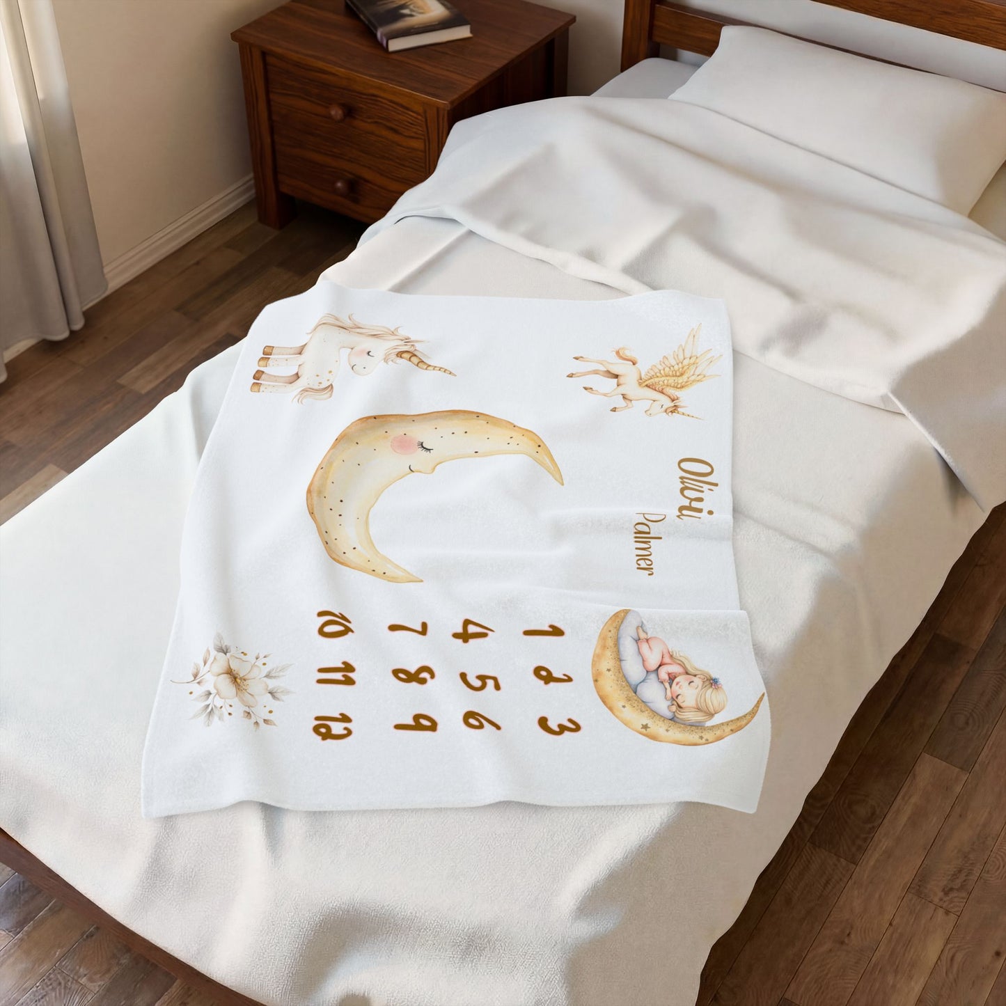 Personalized Unicorn and Moon Baby Girl Milestone Blanket, Velveteen Plush,
