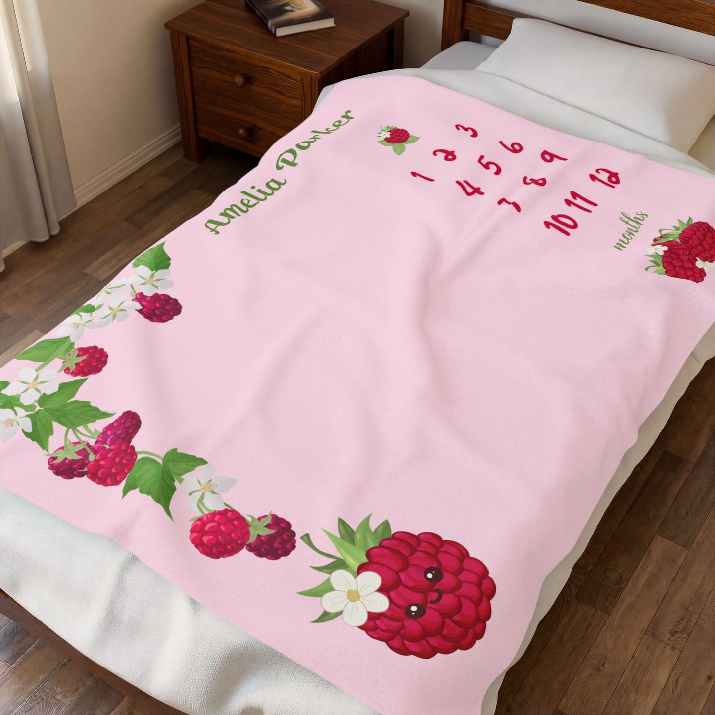 Personalized Raspberry Milestone Baby Blanket, Soft Velveteen Plush Fleece