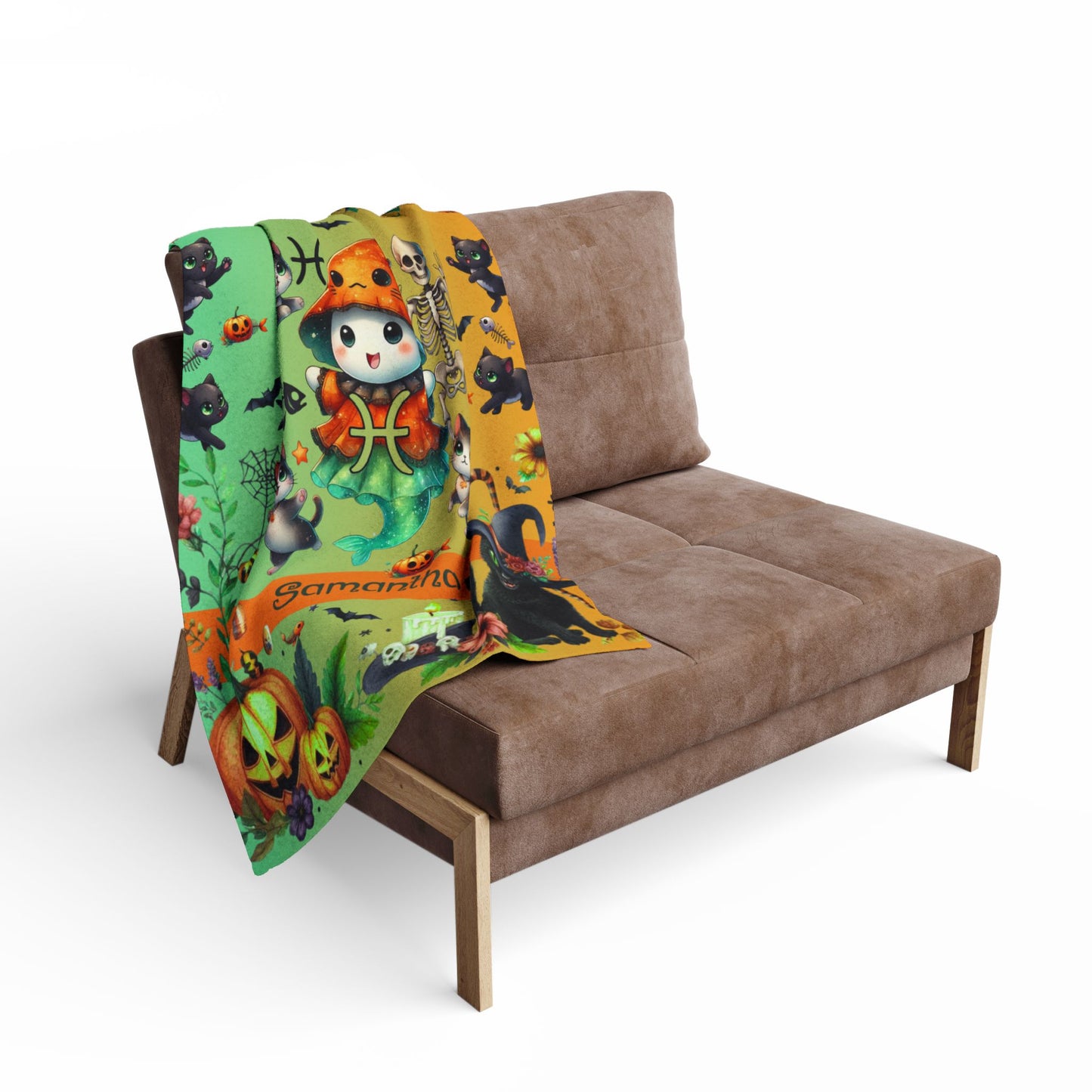 Personalized Pisces Halloween Girl Blanket, Custom Zodiac Blanket, Velveteen Plush Throw