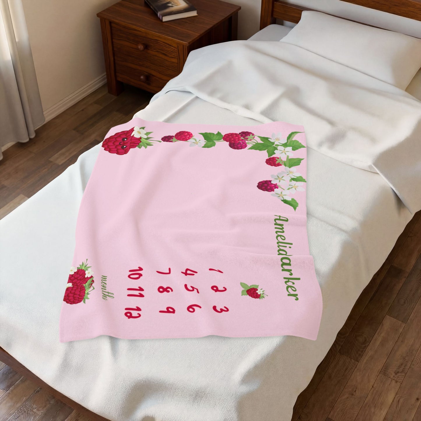 Personalized Raspberry Milestone Baby Blanket, Soft Velveteen Plush Fleece
