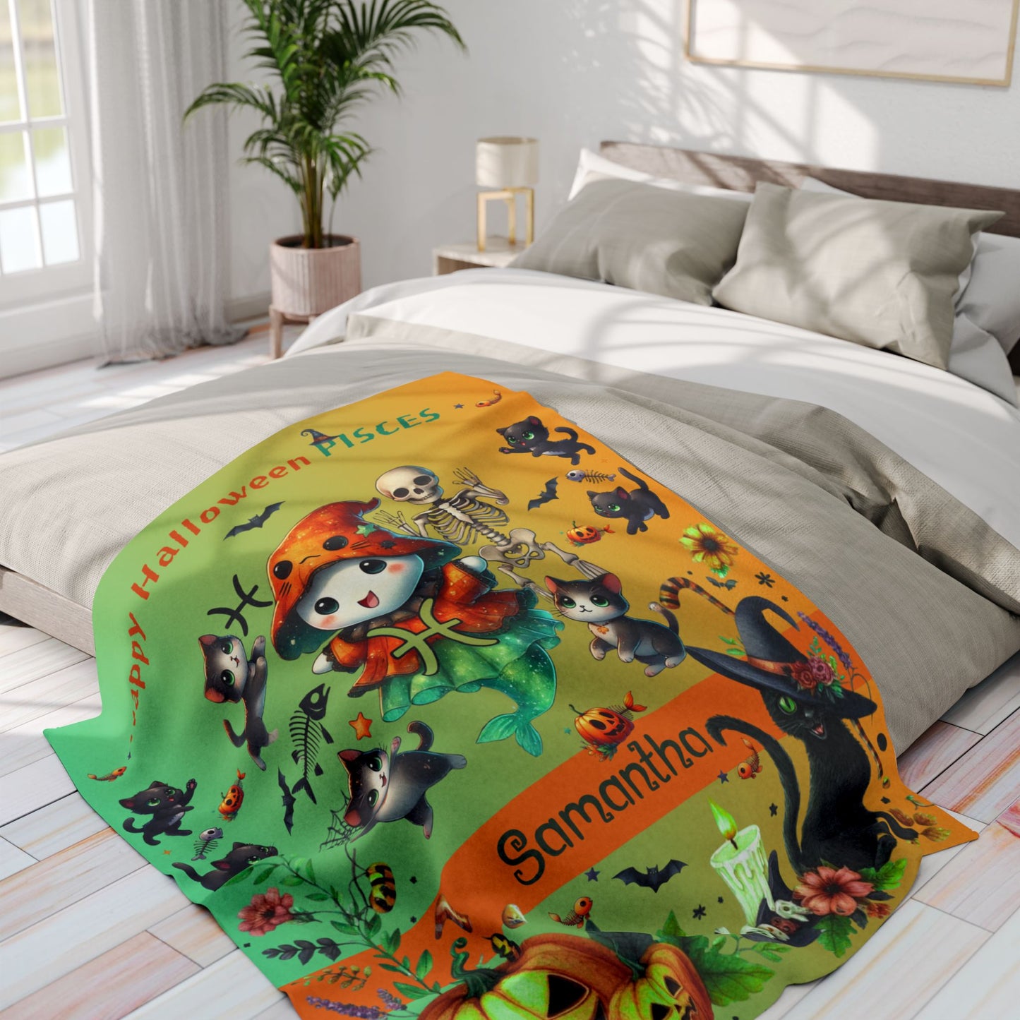 Personalized Pisces Halloween Girl Blanket, Custom Zodiac Blanket, Velveteen Plush Throw