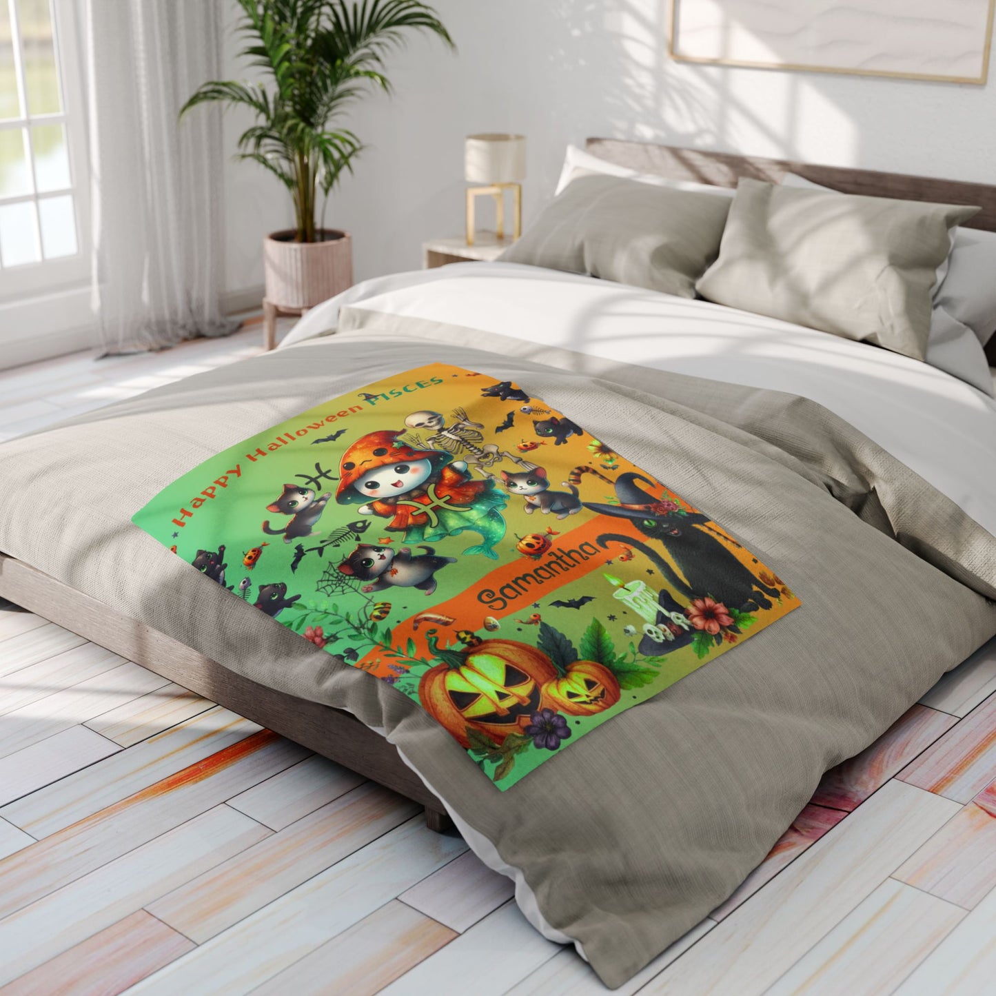 Personalized Pisces Halloween Girl Blanket, Custom Zodiac Blanket, Velveteen Plush Throw