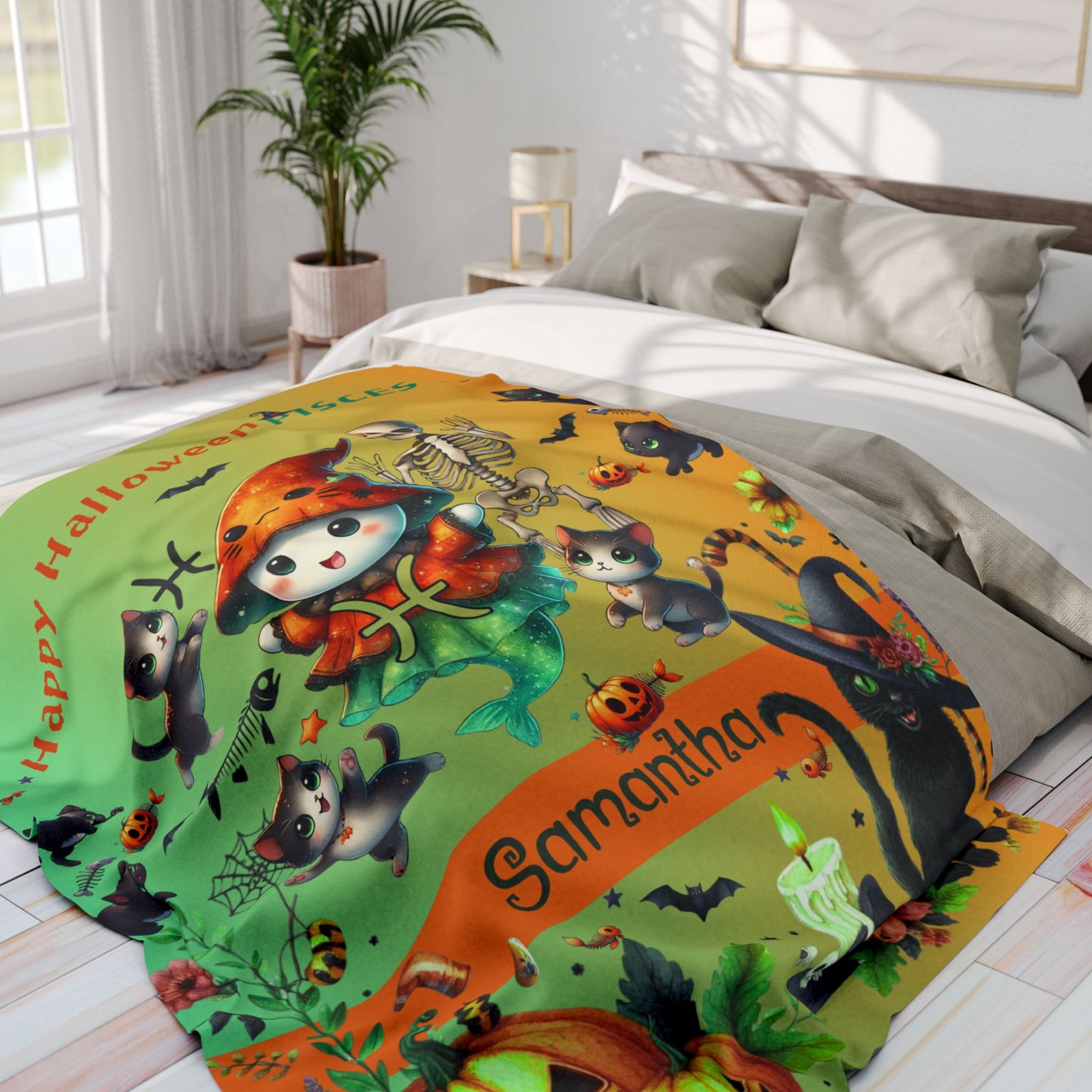 Personalized Pisces Halloween Girl Blanket, Custom Zodiac Blanket, Velveteen Plush Throw