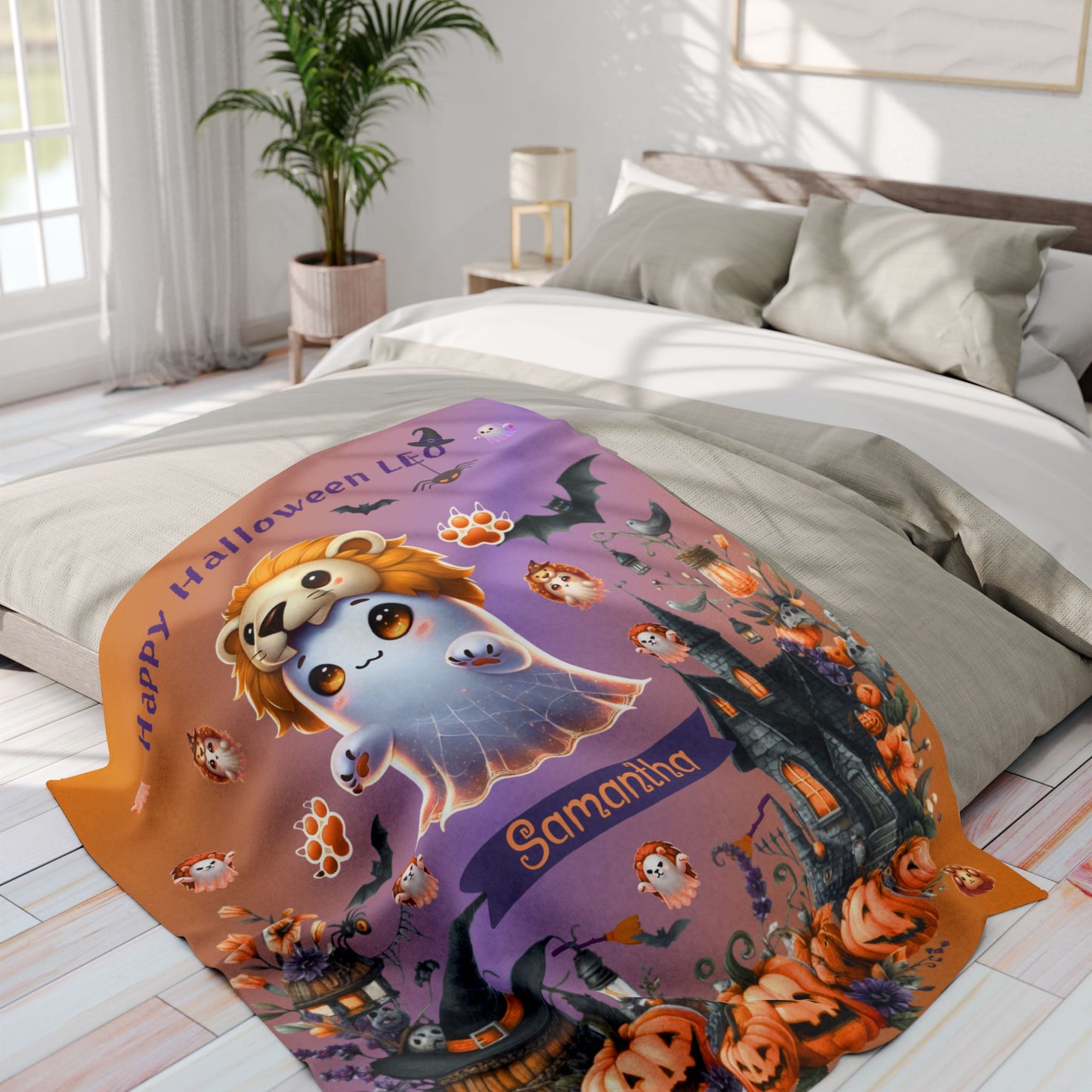 Personalized Leo Halloween Blanket for Girls, Custom Name Zodiac Toddler Halloween Throw