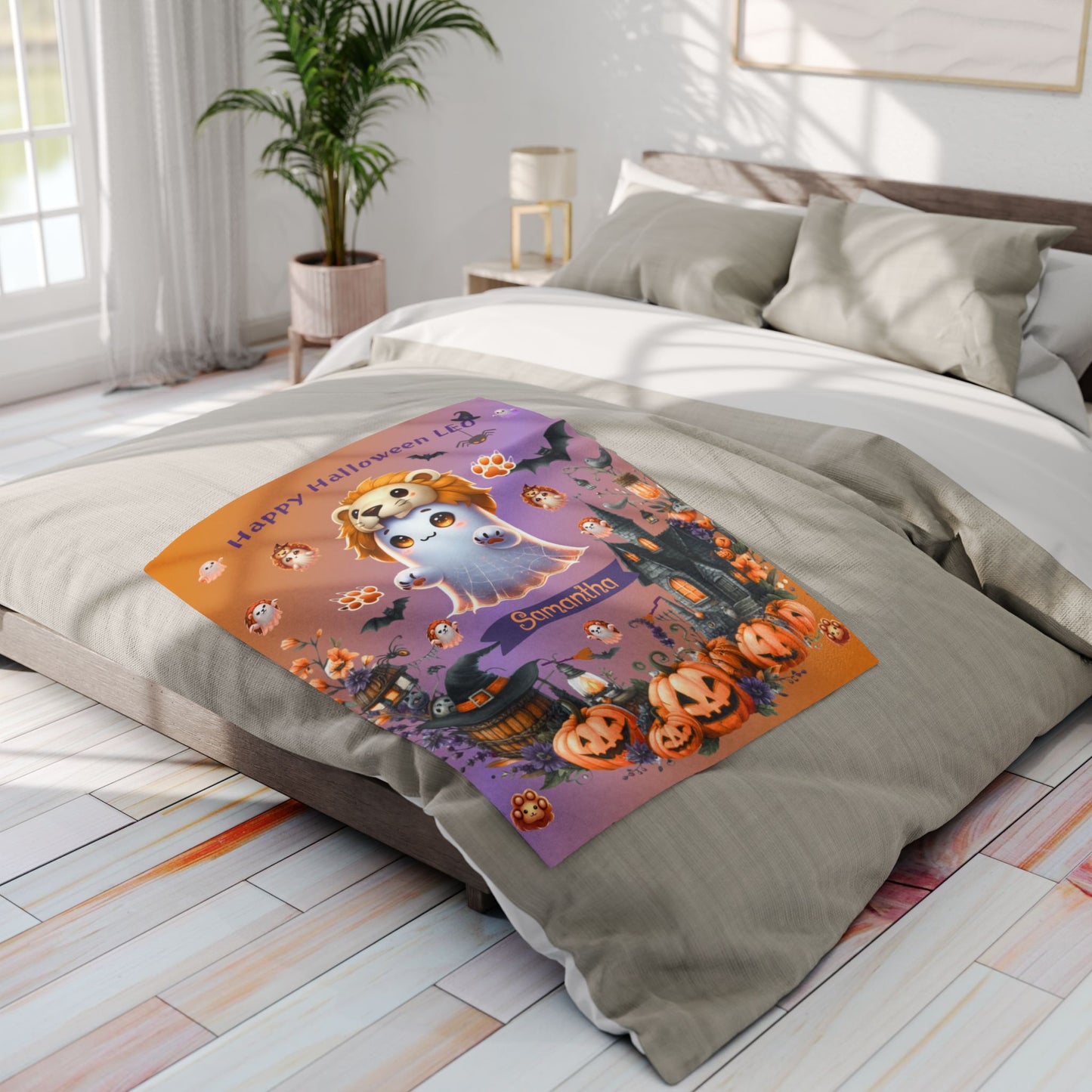 Personalized Leo Halloween Blanket for Girls, Custom Name Zodiac Toddler Halloween Throw