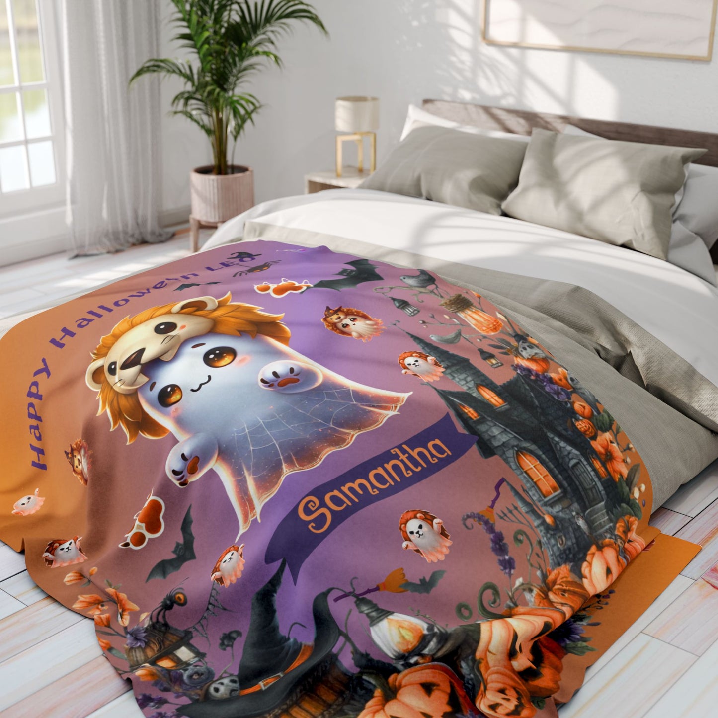 Personalized Leo Halloween Blanket for Girls, Custom Name Zodiac Toddler Halloween Throw