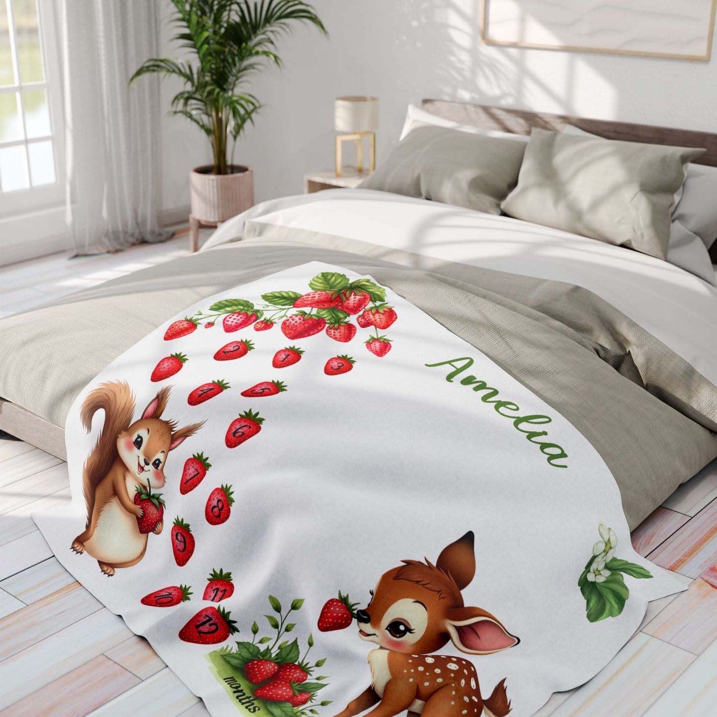 Strawberry and Woodland Animals Monthly Milestone Blanket, Velveteen Plush Baby Photo Prop