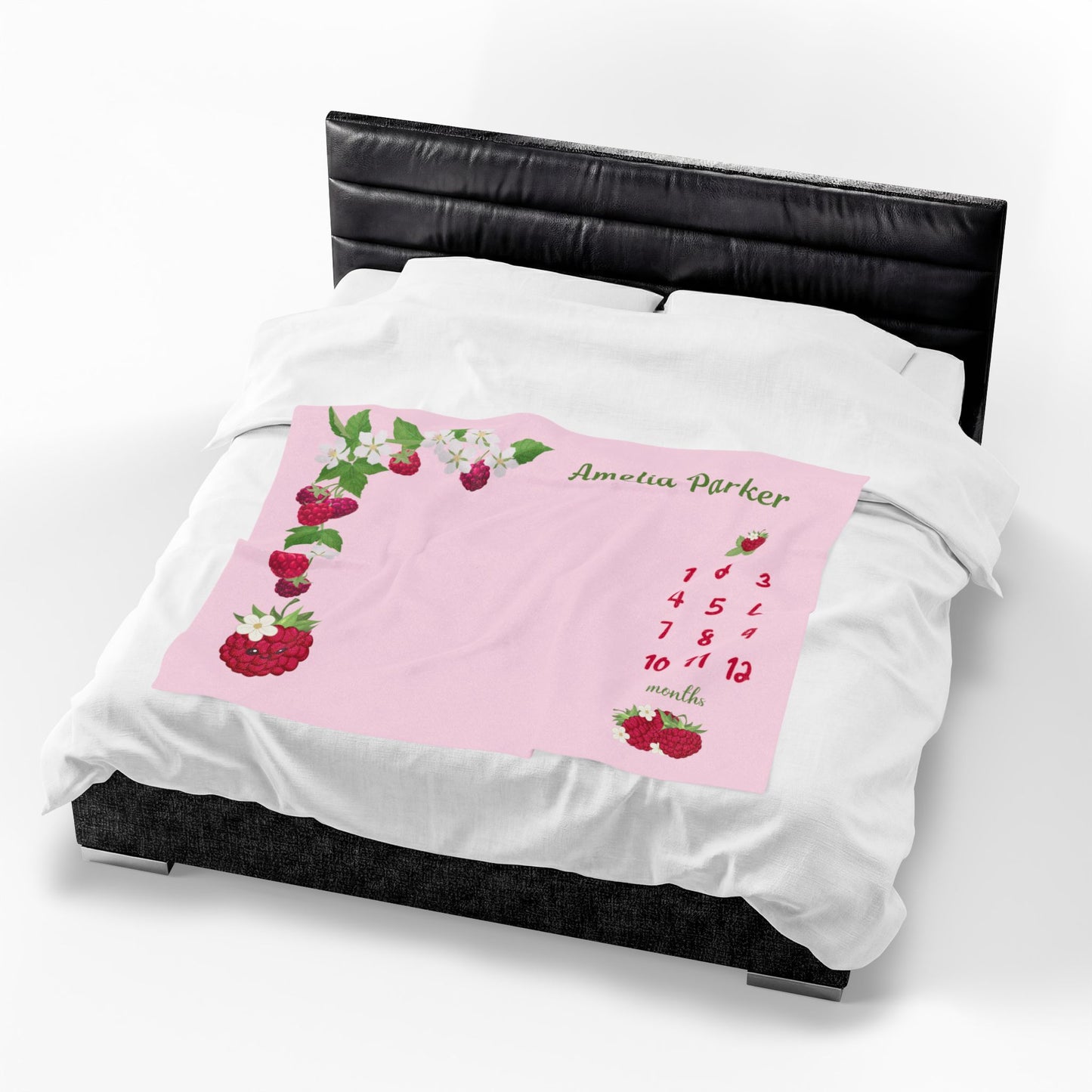 Personalized Raspberry Milestone Baby Blanket, Soft Velveteen Plush Fleece