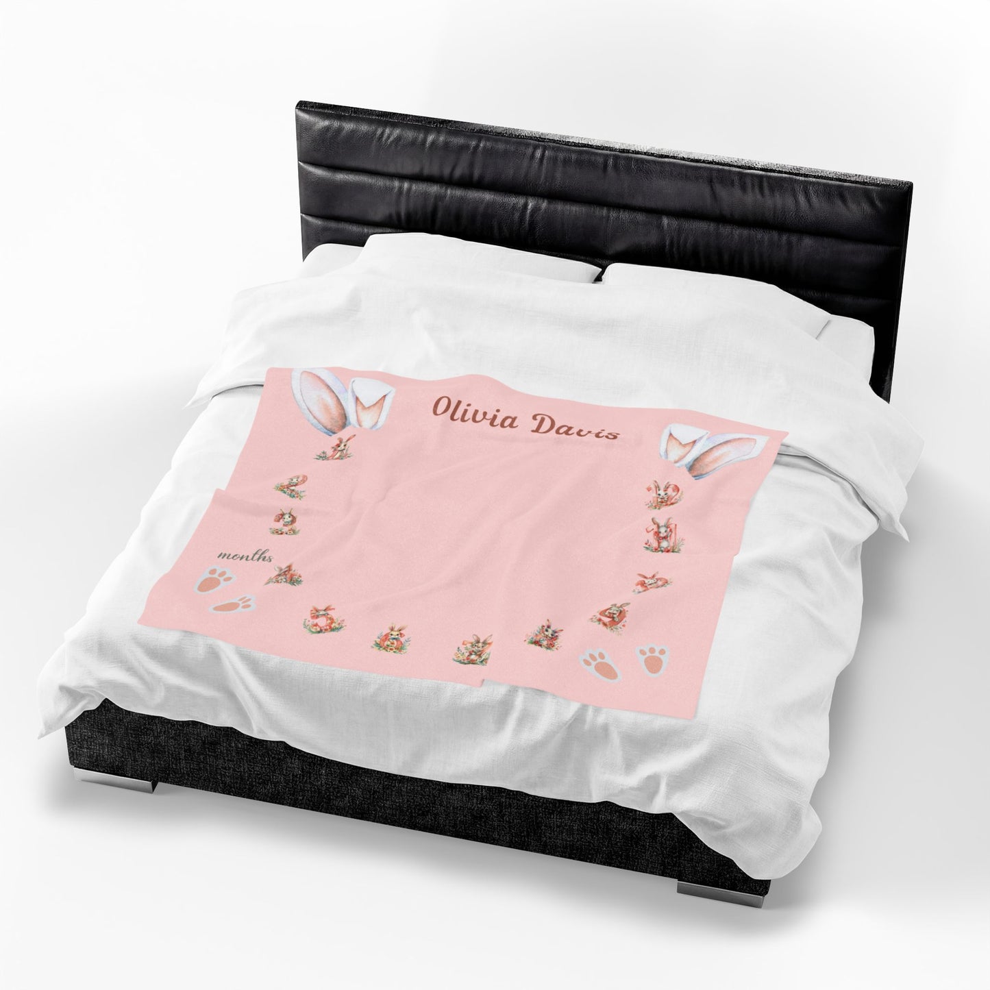 Personalized Bunny Milestone Baby Girl Blanket, Soft Velveteen Plush Fleece