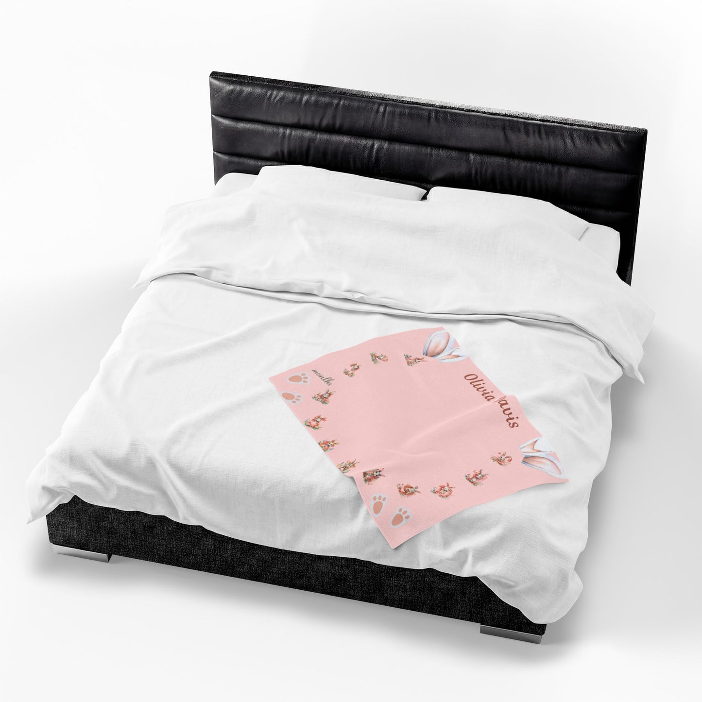 Personalized Bunny Milestone Baby Girl Blanket, Soft Velveteen Plush Fleece