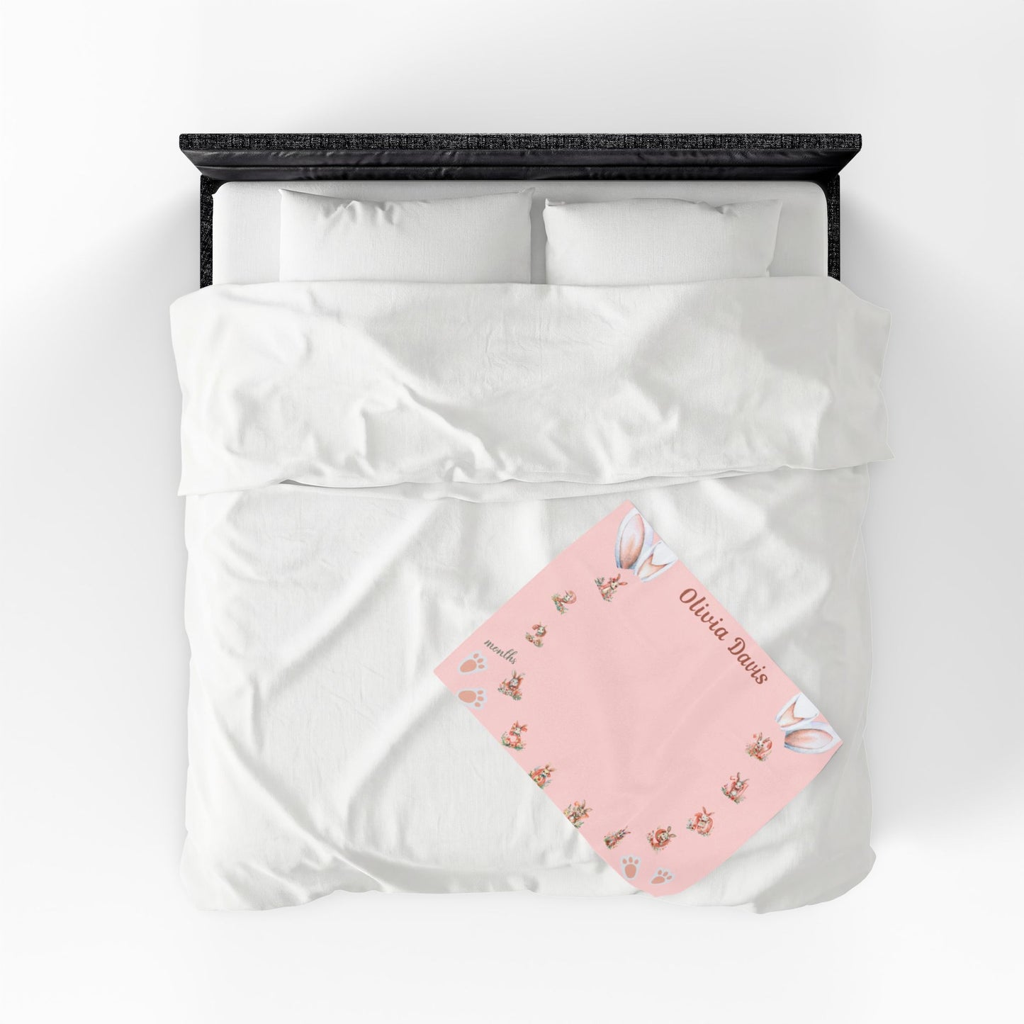 Personalized Bunny Milestone Baby Girl Blanket, Soft Velveteen Plush Fleece