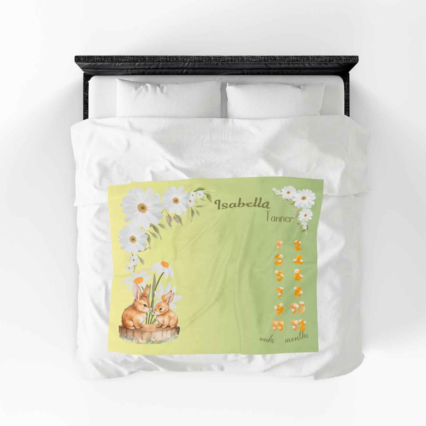 Personalized Daisy Bunny Milestone Baby Blanket, Soft Velveteen Plush Fleece