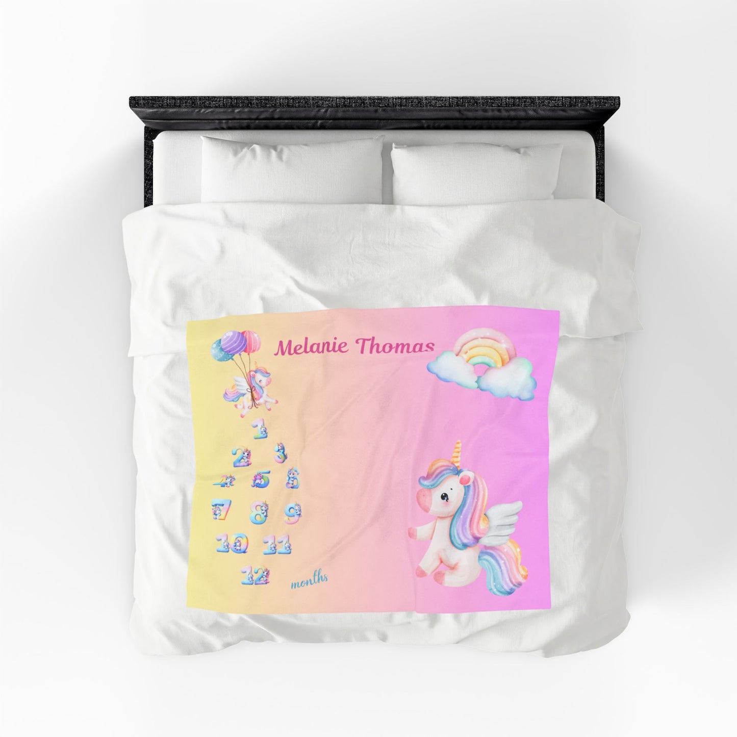 Personalized Unicorn Milestone Baby Girl Blanket, Soft Velveteen Plush Fleece