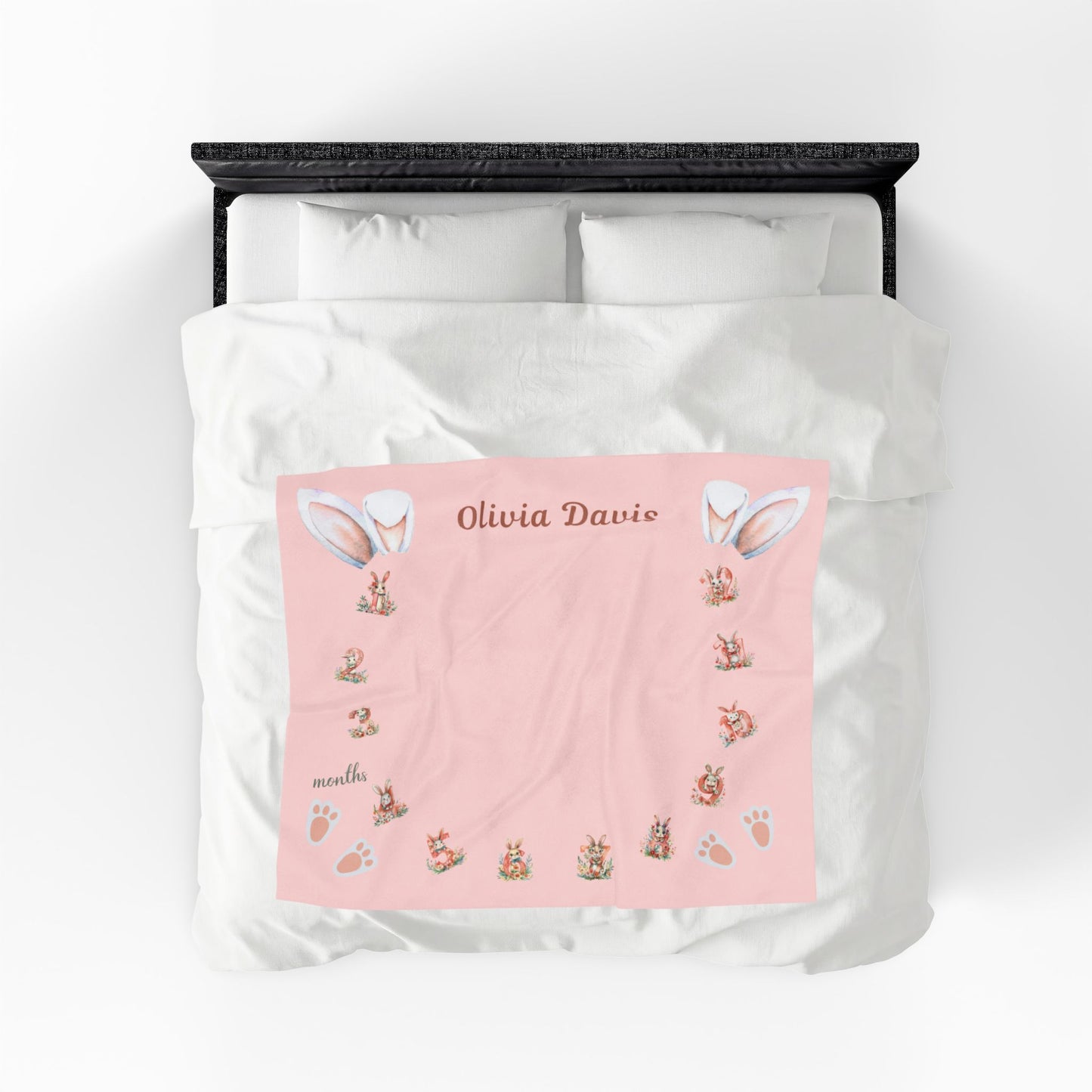 Personalized Bunny Milestone Baby Girl Blanket, Soft Velveteen Plush Fleece