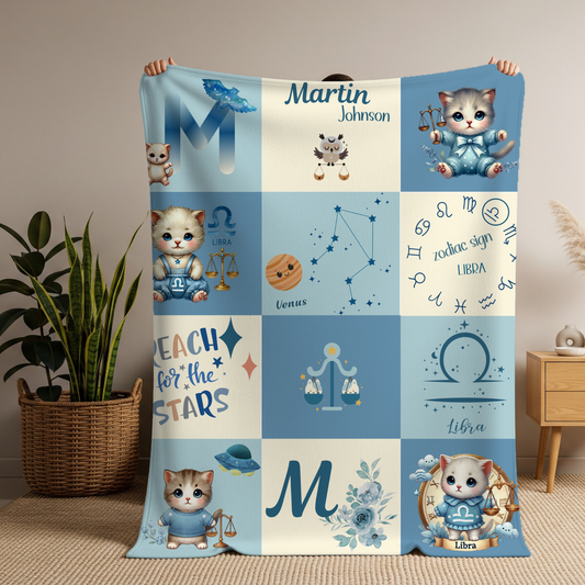 Personalized Libra Baby Boy Blanket Velveteen Plush, Zodiac Baby Blanket, Astrology Baby Blanket, Custom Name Blanket, Newborn Gift, Nursery Decor