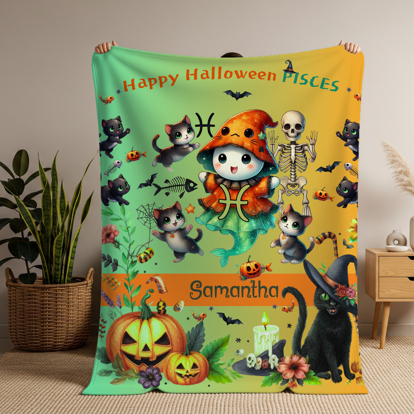 Personalized Pisces Halloween Girl Blanket, Custom Zodiac Blanket, Velveteen Plush Throw