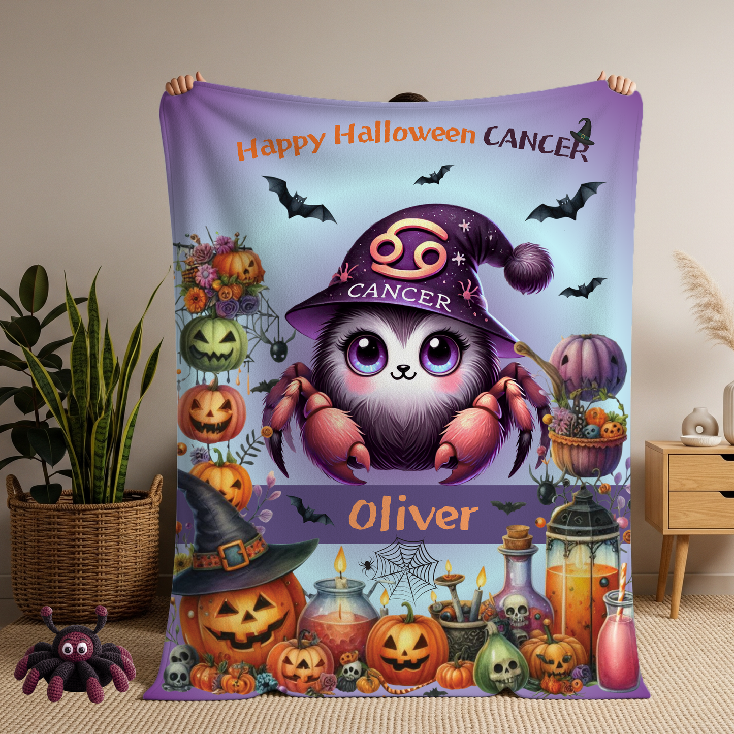 Personalized Cancer Halloween Toddler Boy Blanket. Custom name zodiac Gift.