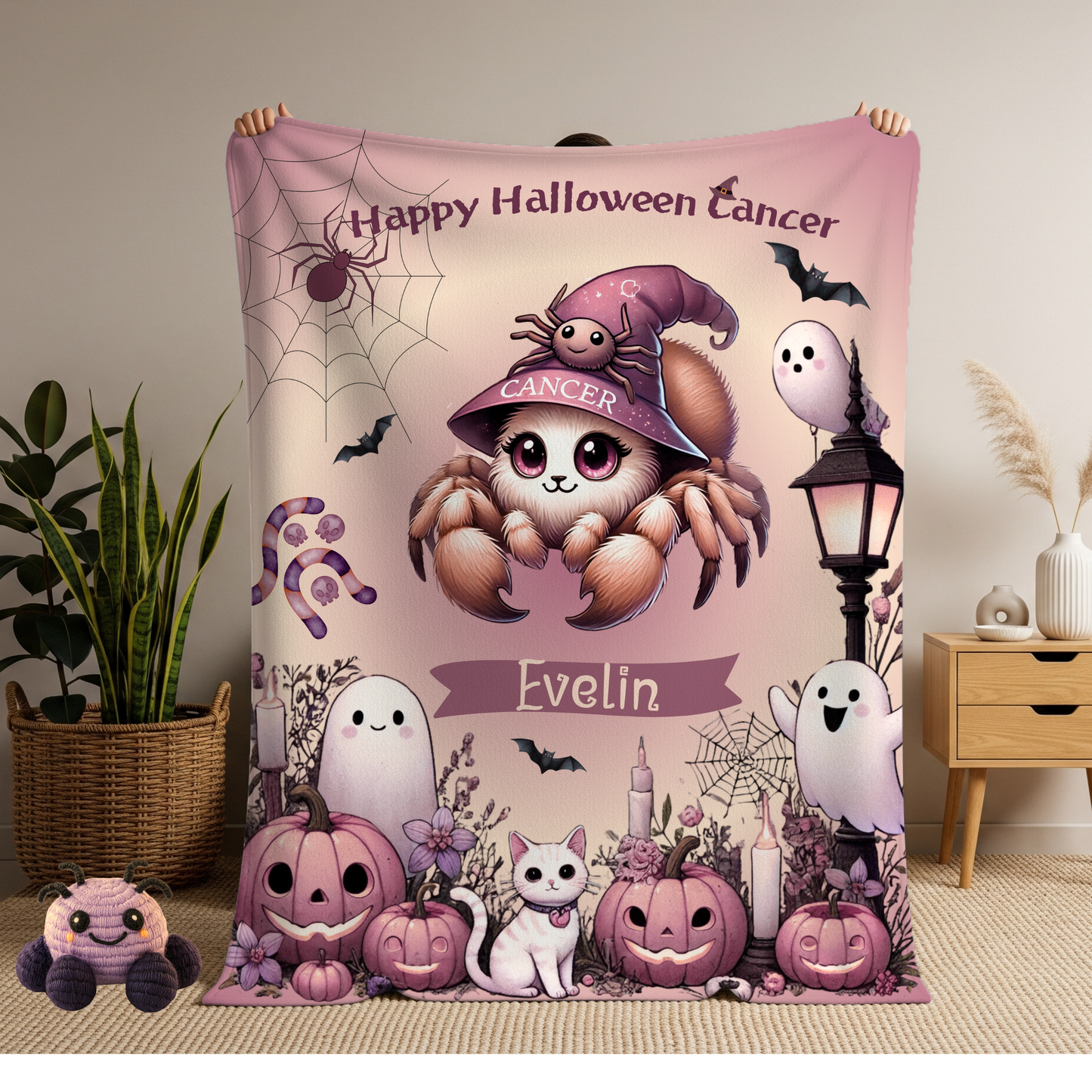 Personalized Cancer Halloween Blanket for Girls, Custom Name Zodiac Toddler Halloween Throw