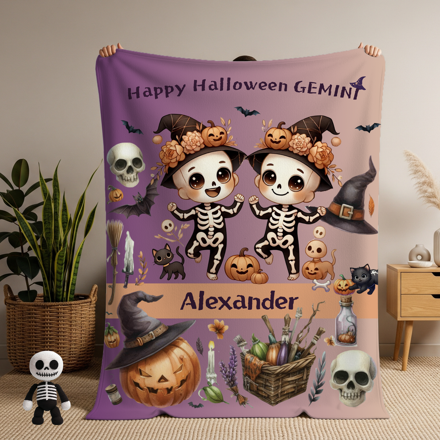 Personalized Gemini Halloween Toddler Boy Blanket. Custom name zodiac Gift