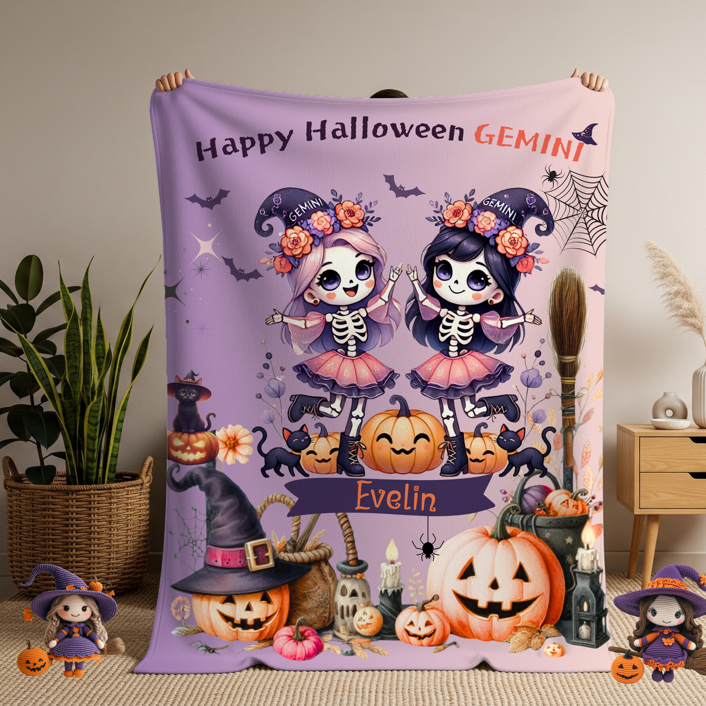 Personalized Gemini Halloween Blanket for Girls, Custom Name Zodiac Toddler Halloween Throw