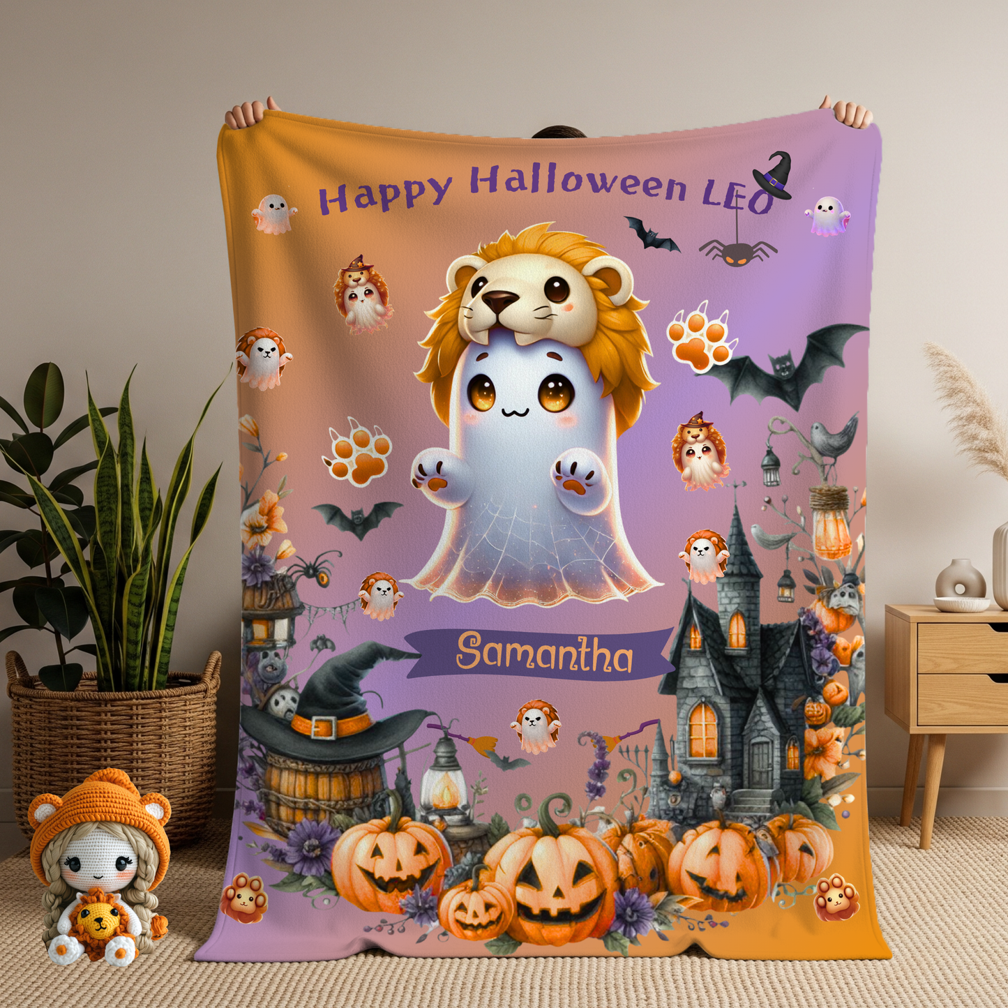 Personalized Leo Halloween Blanket for Girls, Custom Name Zodiac Toddler Halloween Throw