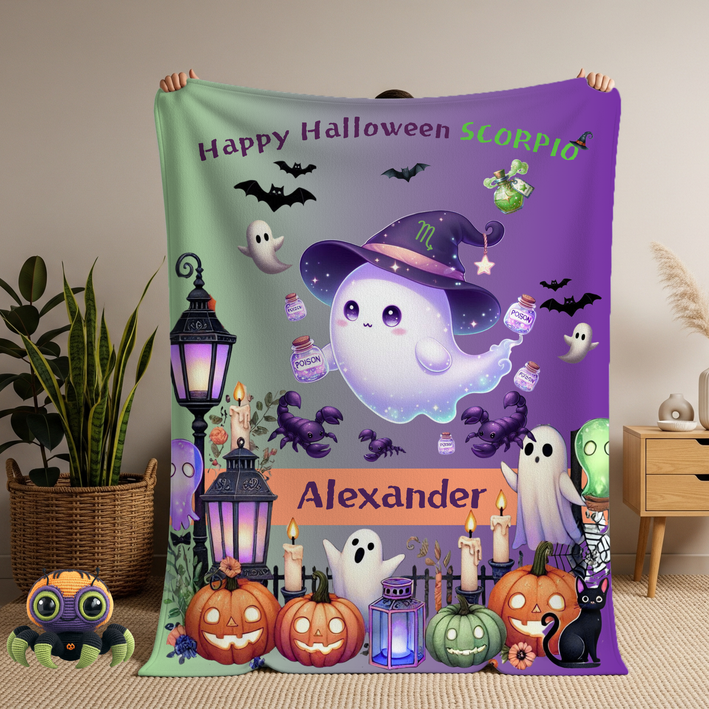 Personalized Scorpio Halloween Toddler Boy Blanket. Custom name zodiac Halloween gift.