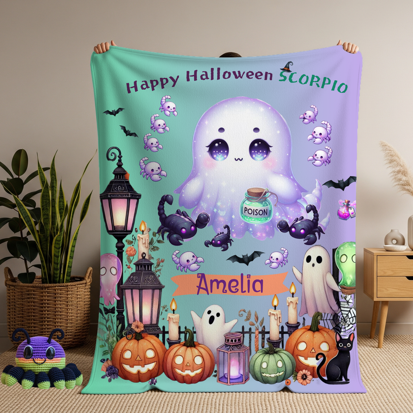 Personalized Scorpio Halloween Blanket for Girls, Custom Name Zodiac Toddler Halloween Gift