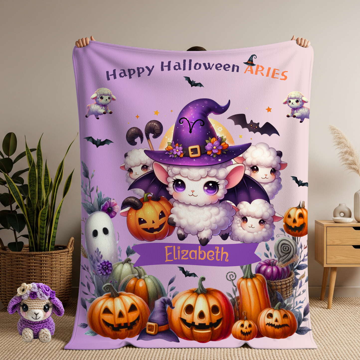 Personalized Aries Halloween Blanket for Girls, Custom Name Zodiac Toddler Halloween Gift