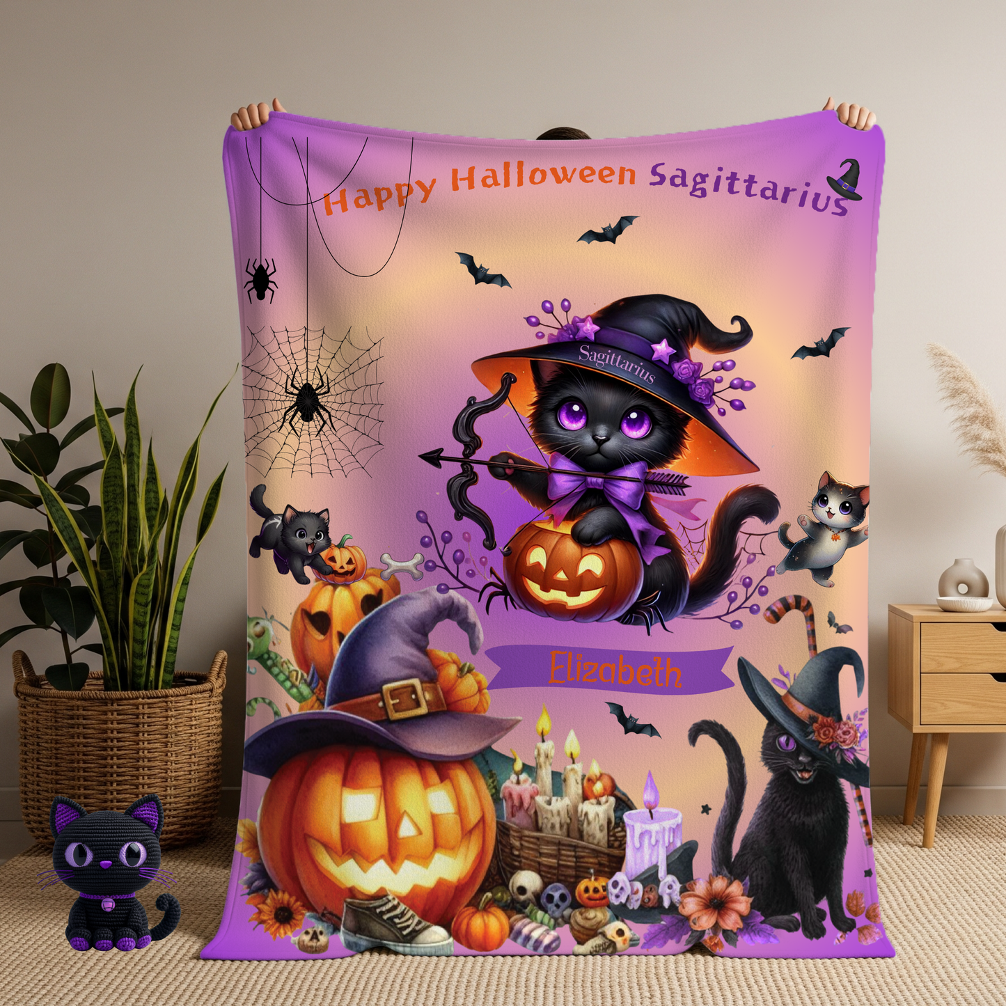 Personalized Sagittarius Halloween Blanket for Girls, Custom Name Zodiac Toddler Halloween Throw