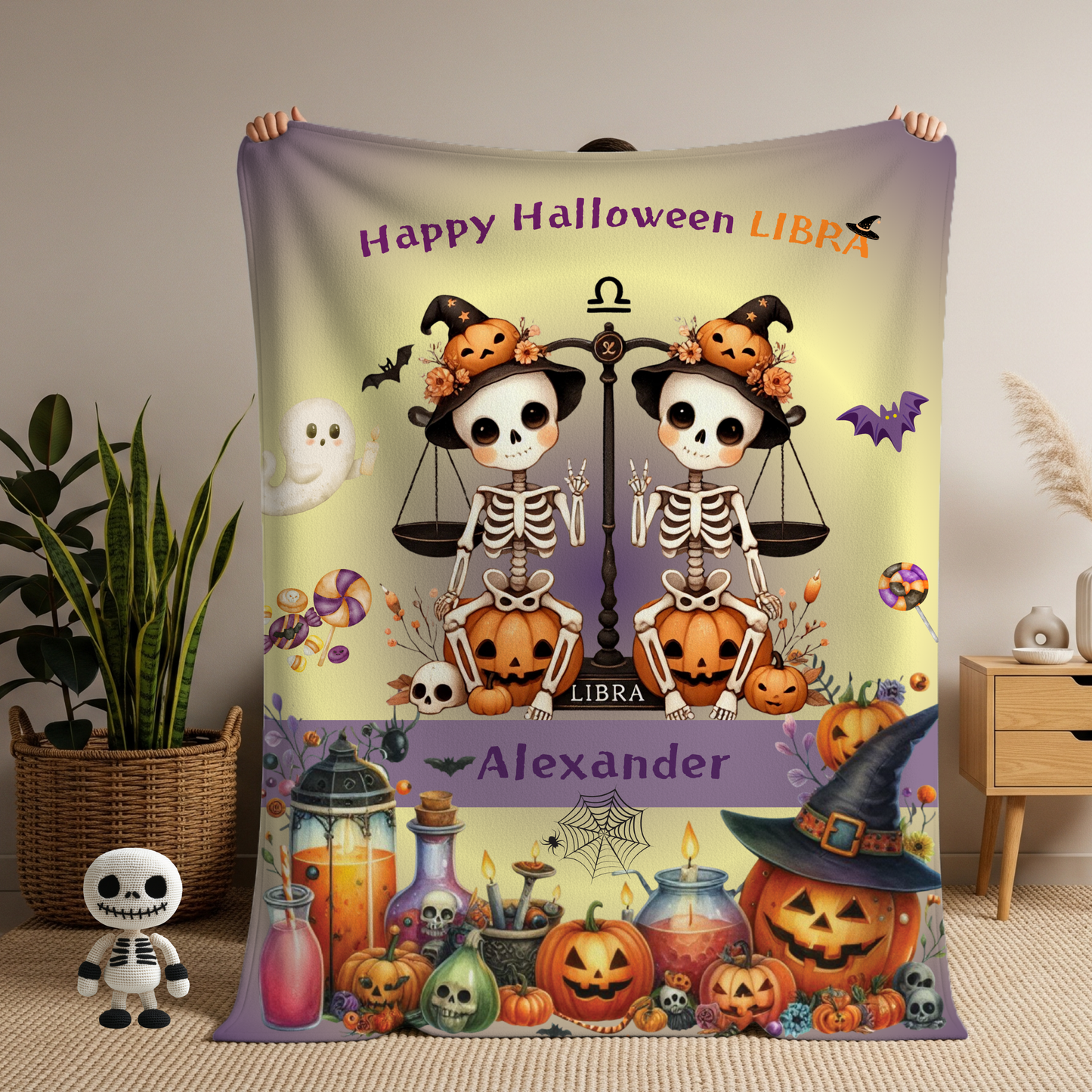 Personalized Libra Halloween Blanket for Boys, Custom Name Zodiac Toddler Halloween Throw