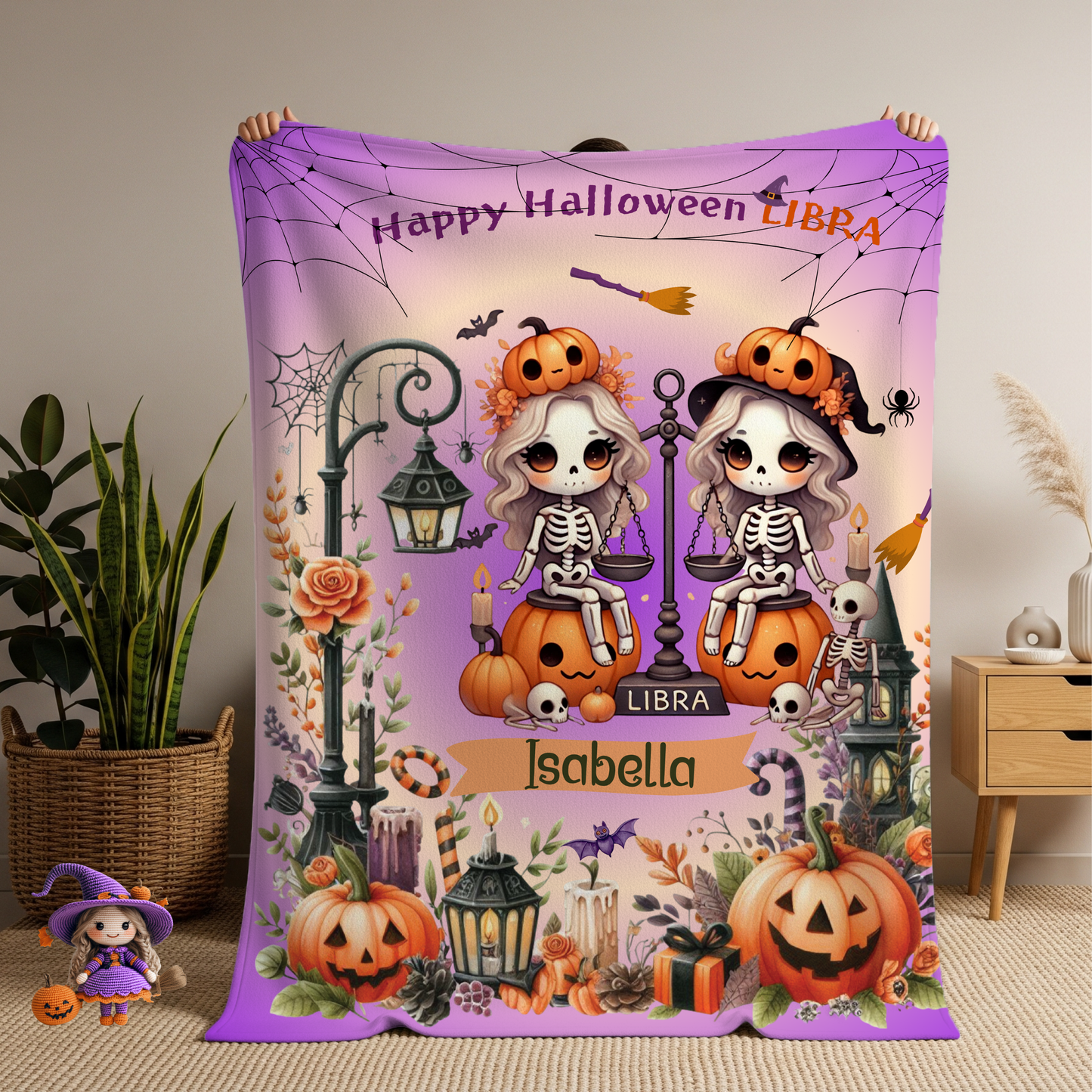 Personalized Libra Halloween Blanket for Girls, Custom Name Zodiac Toddler Blanket