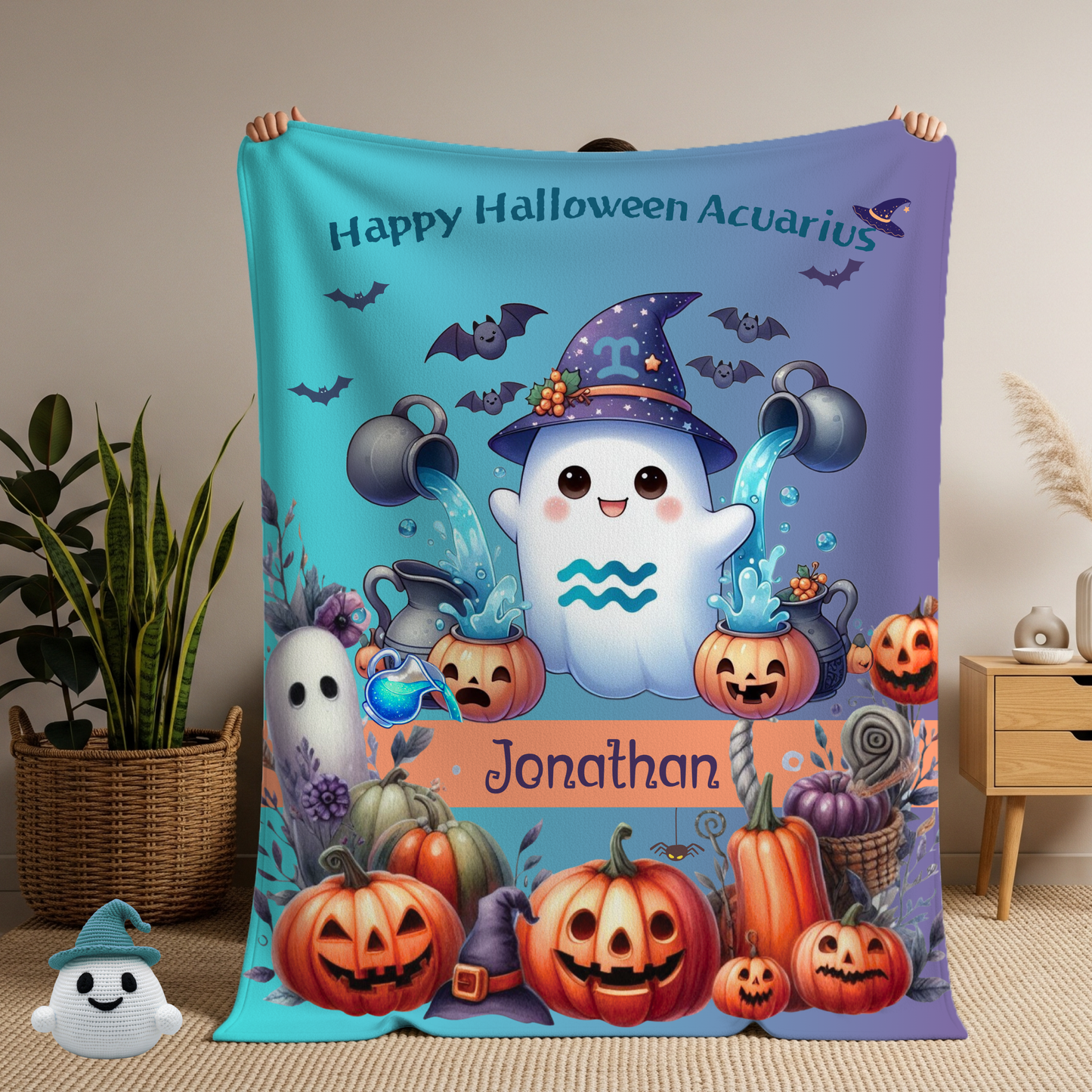 Personalized Aquarius Halloween Toddler Boy Blanket, Custom Name Zodiac Gift