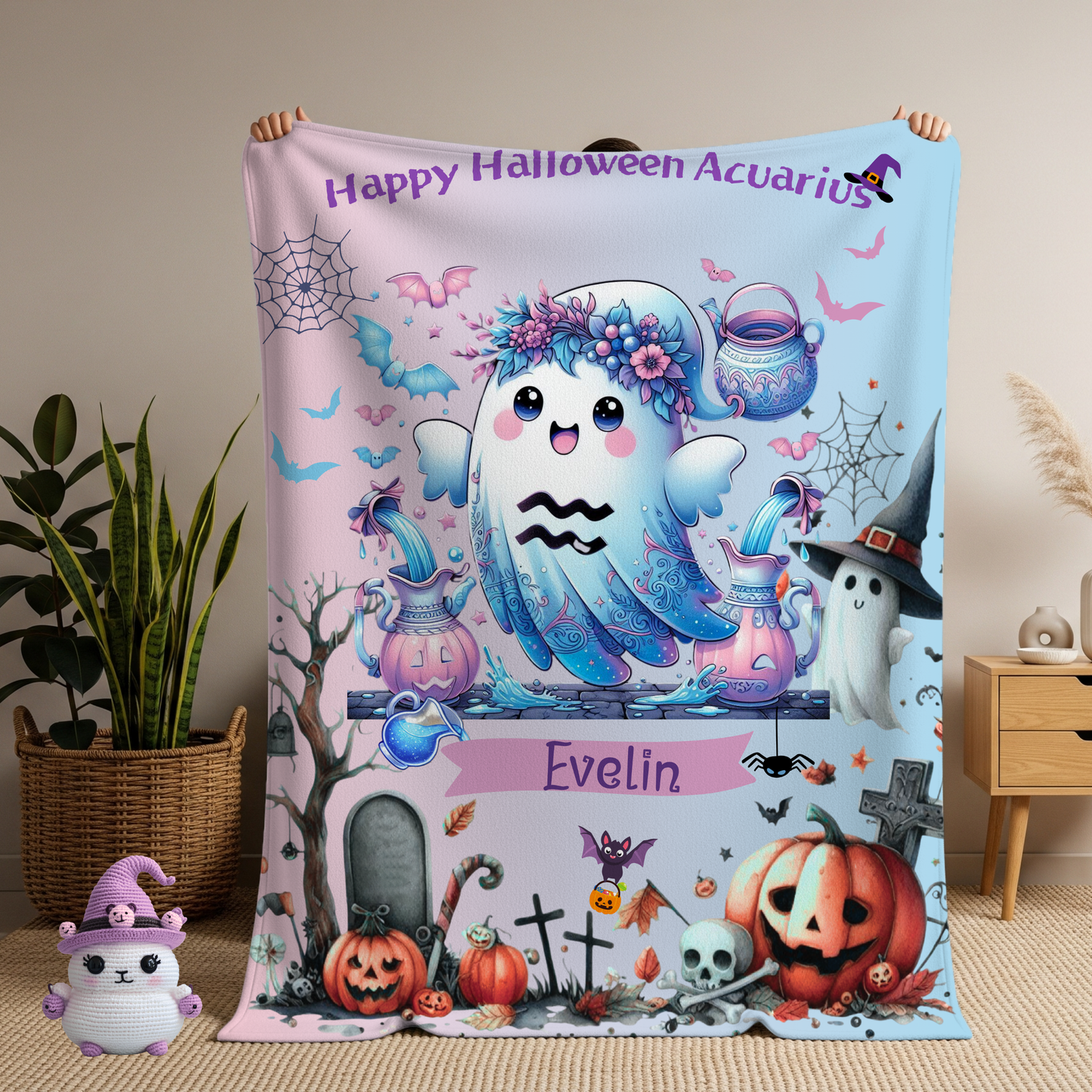 Personalized Aquarius Halloween Blanket for Girls, Custom Name Zodiac Toddler Halloween Throw