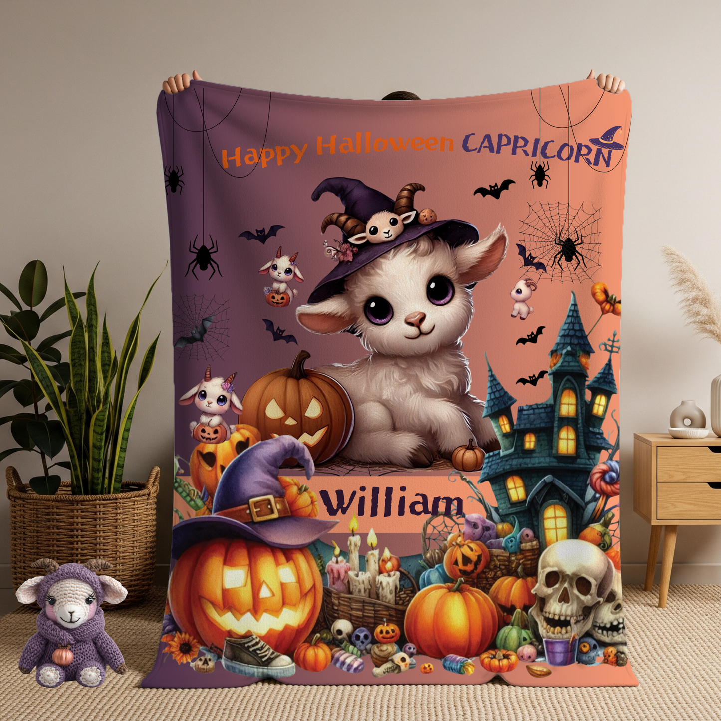 Personalized Capricorn Halloween Toddler Boy Blanket, Custom Name Zodiac Gift