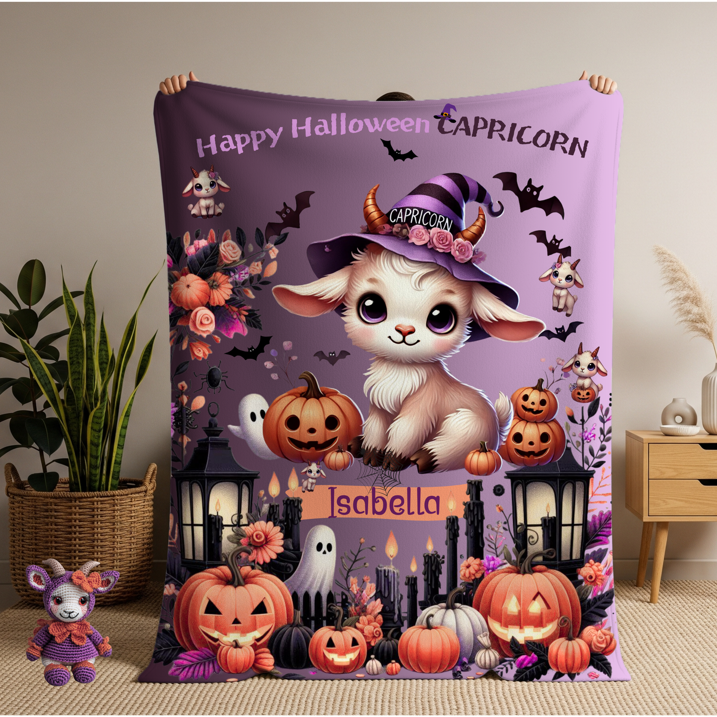 Personalized Capricorn Halloween Blanket for Girls, Custom Name Zodiac Toddler Halloween Throw