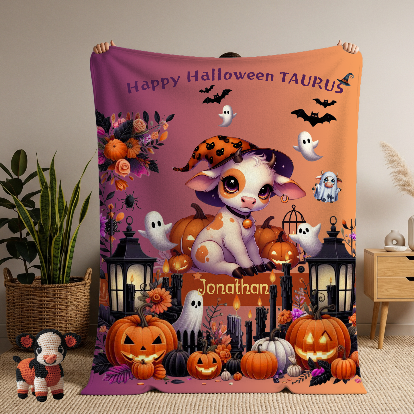 Personalized Taurus Halloween Toddler Boy Blanket, Custom Name Zodiac Halloween Throw