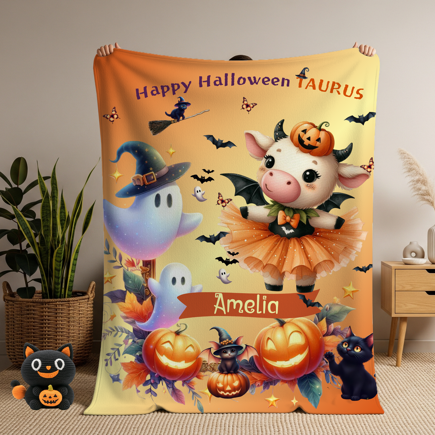 Personalized Taurus Halloween Blanket for Girls, Custom Name Zodiac Toddler Halloween Gift