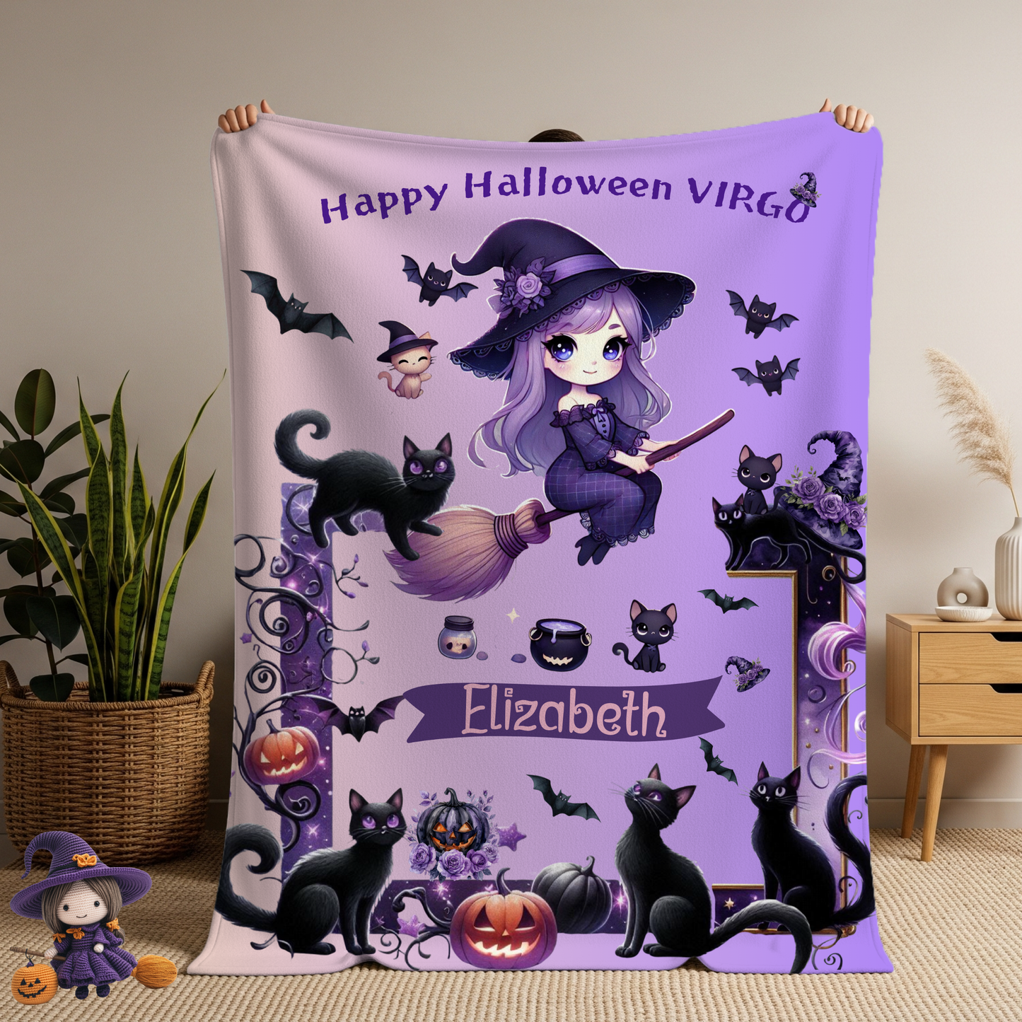 Personalized Virgo Halloween Blanket for Girls, Custom Name Zodiac Toddler Halloween Throw