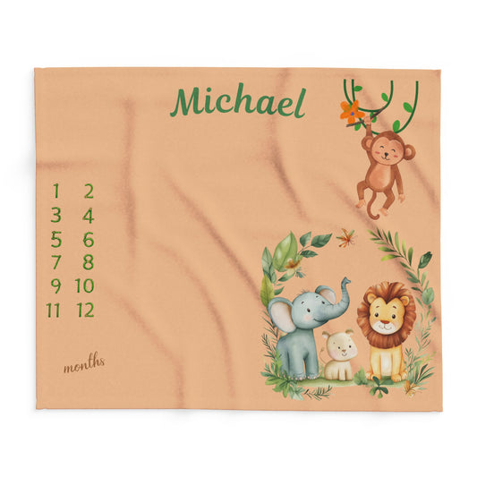 Personalized Jungle Safari Milestone Baby Boy Blanket – Velveteen Plush