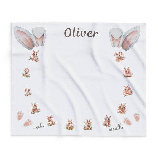 Personalized Bunny Ear Milestone Baby Boy Blanket – Soft Velveteen Plush Fleece